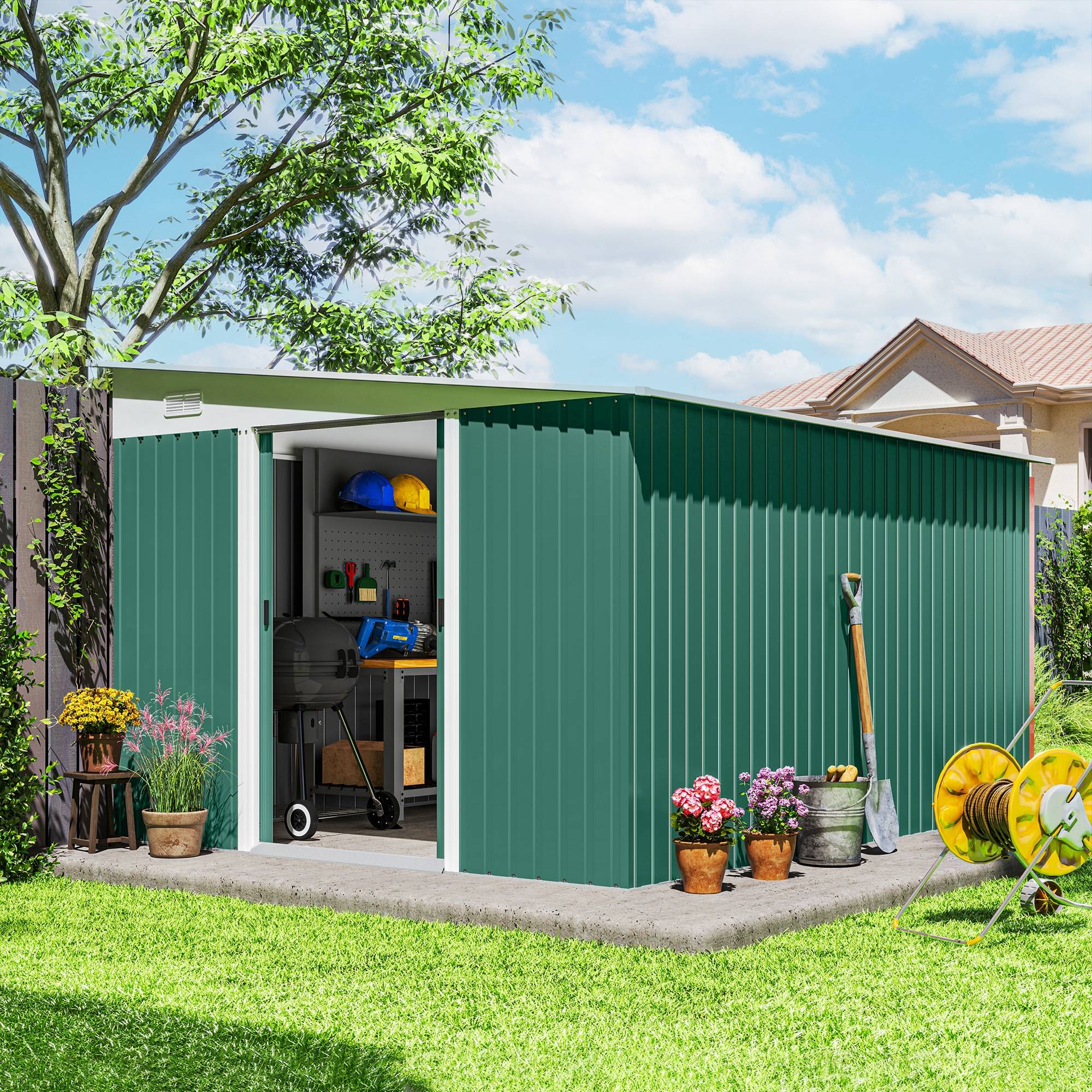 Abri de jardin avec porte coulissante, en acier, 345x280,5x169-201cm, vert - Image 3