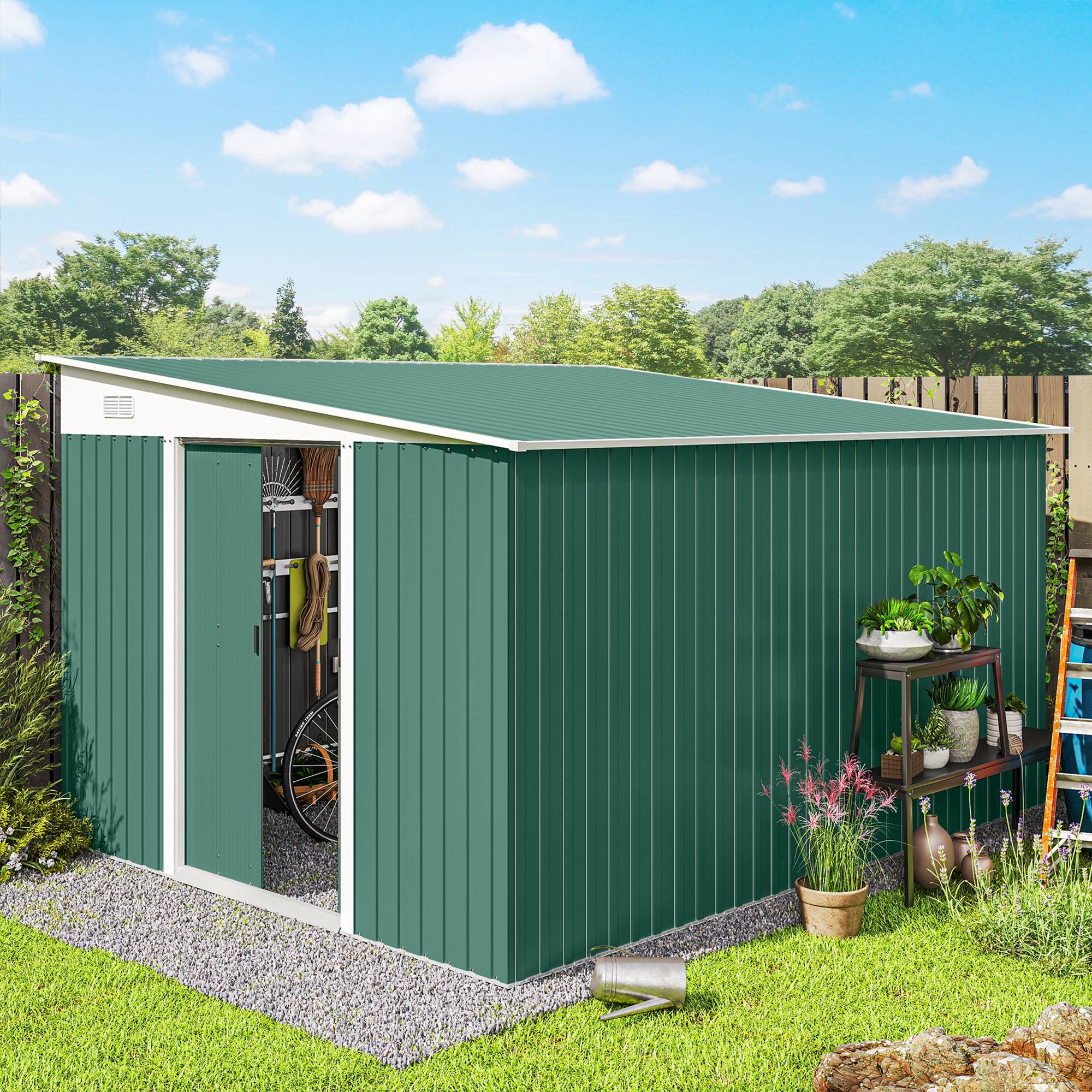 Abri de jardin avec porte coulissante, en acier, 345x280,5x169-201cm, vert - Image 4