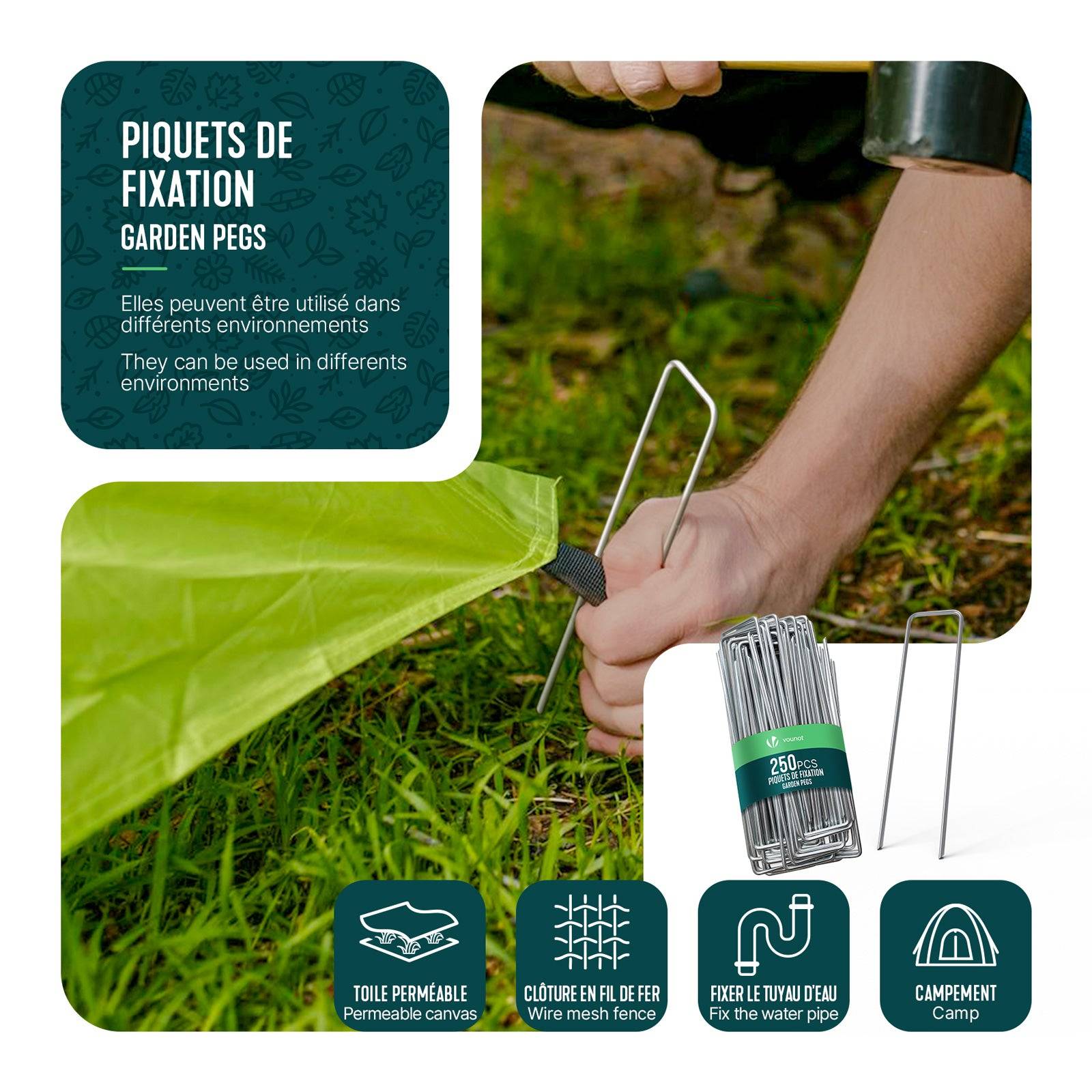 Vounot - Lot de 250 piquets de fixation en métal galvanisé - Agrafes de jardin en forme de U - 150x30mm Ø3mm - VOUNOT® - Image 5