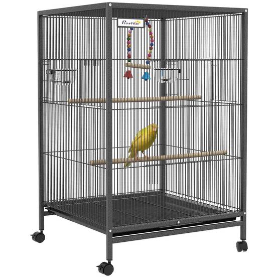 Cage oiseau sur pied cage sur roulettes avec balançoire, perchoirs et plateau coulissant 48 x 46 x 78 cm en acier noir - Image 1