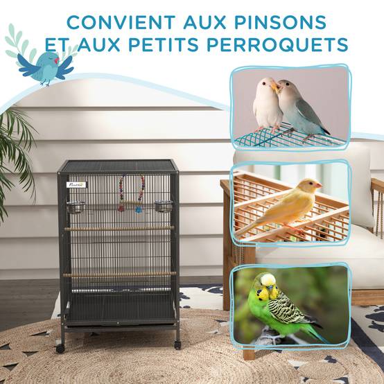 Cage oiseau sur pied cage sur roulettes avec balançoire, perchoirs et plateau coulissant 48 x 46 x 78 cm en acier noir - Image 10