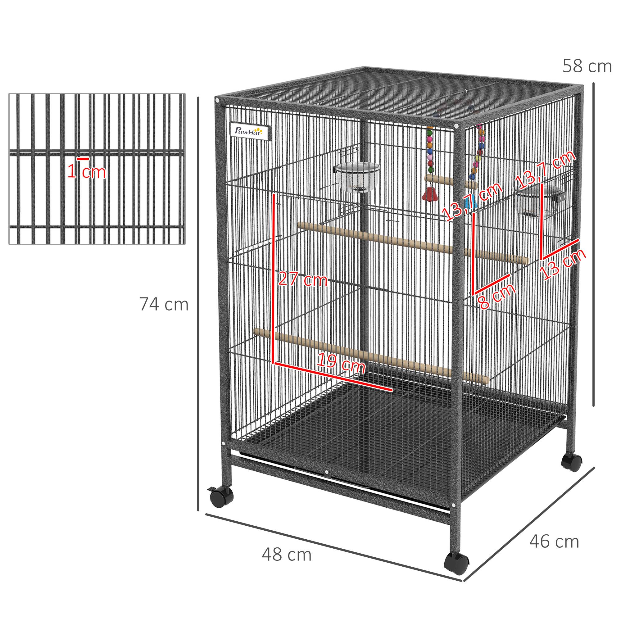 Cage oiseau sur pied cage sur roulettes avec balançoire, perchoirs et plateau coulissant 48 x 46 x 78 cm en acier noir - Image 5