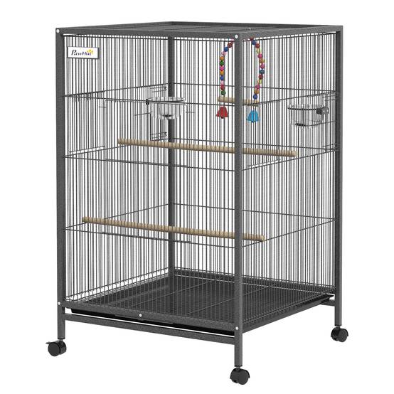 Cage oiseau sur pied cage sur roulettes avec balançoire, perchoirs et plateau coulissant 48 x 46 x 78 cm en acier noir - Image 2