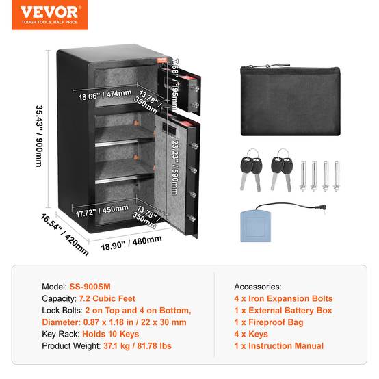 VEVOR Coffre-fort double porte 204L, déverrouillage clé/mot de passe, sac ignifuge, LED. - Image 7