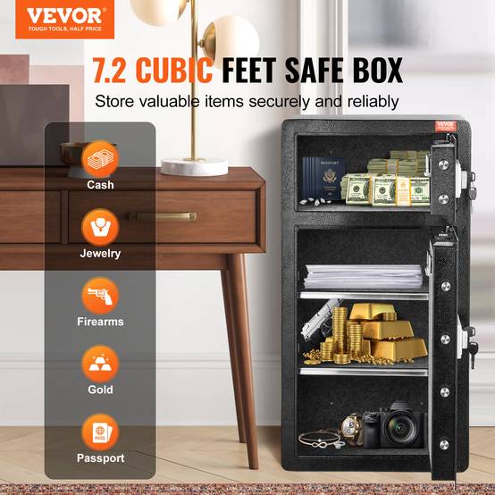 VEVOR Coffre-fort double porte 204L, déverrouillage clé/mot de passe, sac ignifuge, LED. - Image 2