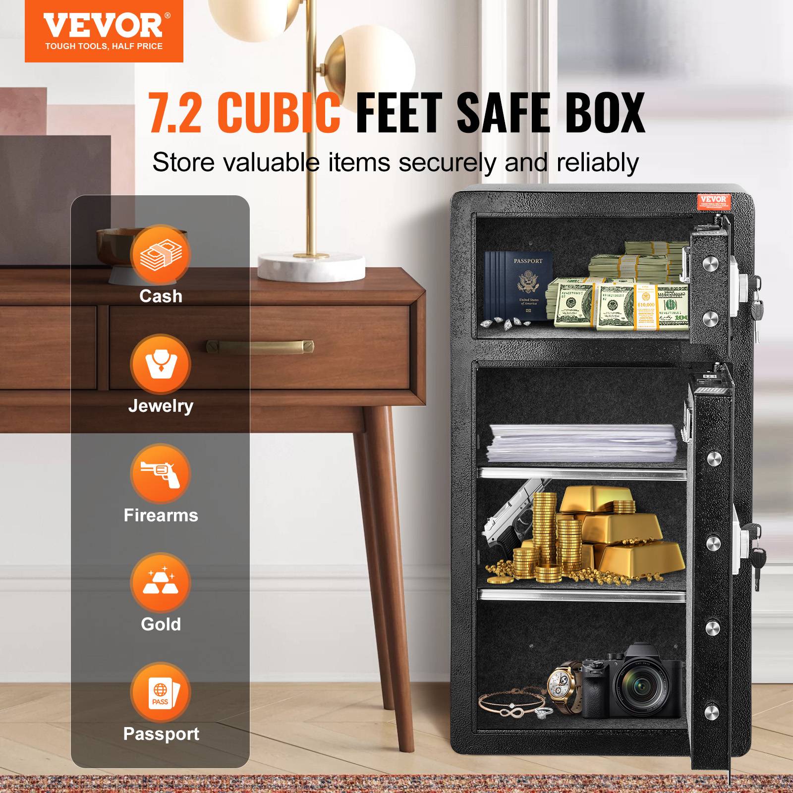 VEVOR Coffre-fort double porte 204L, déverrouillage clé/mot de passe, sac ignifuge, LED. - Image 2