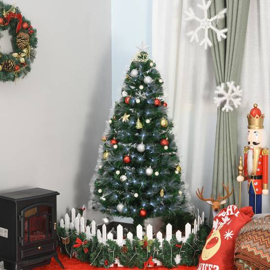 Sapin de Noël Artificiel Lumineux 120H cm Fibre Optique LED + 20 Ampoules + Support Pied 130 Branches étoile Sommet Brillante Vert - Image 4