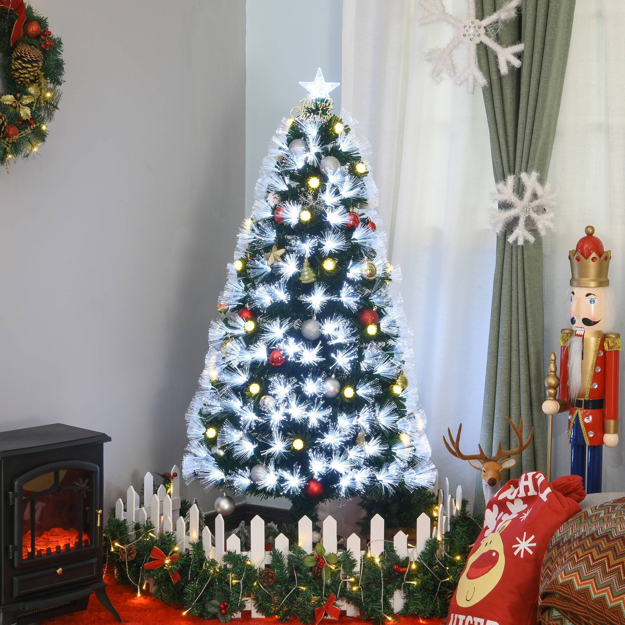 Sapin de Noël Artificiel Lumineux 120H cm Fibre Optique LED + 20 Ampoules + Support Pied 130 Branches étoile Sommet Brillante Vert - Image 6