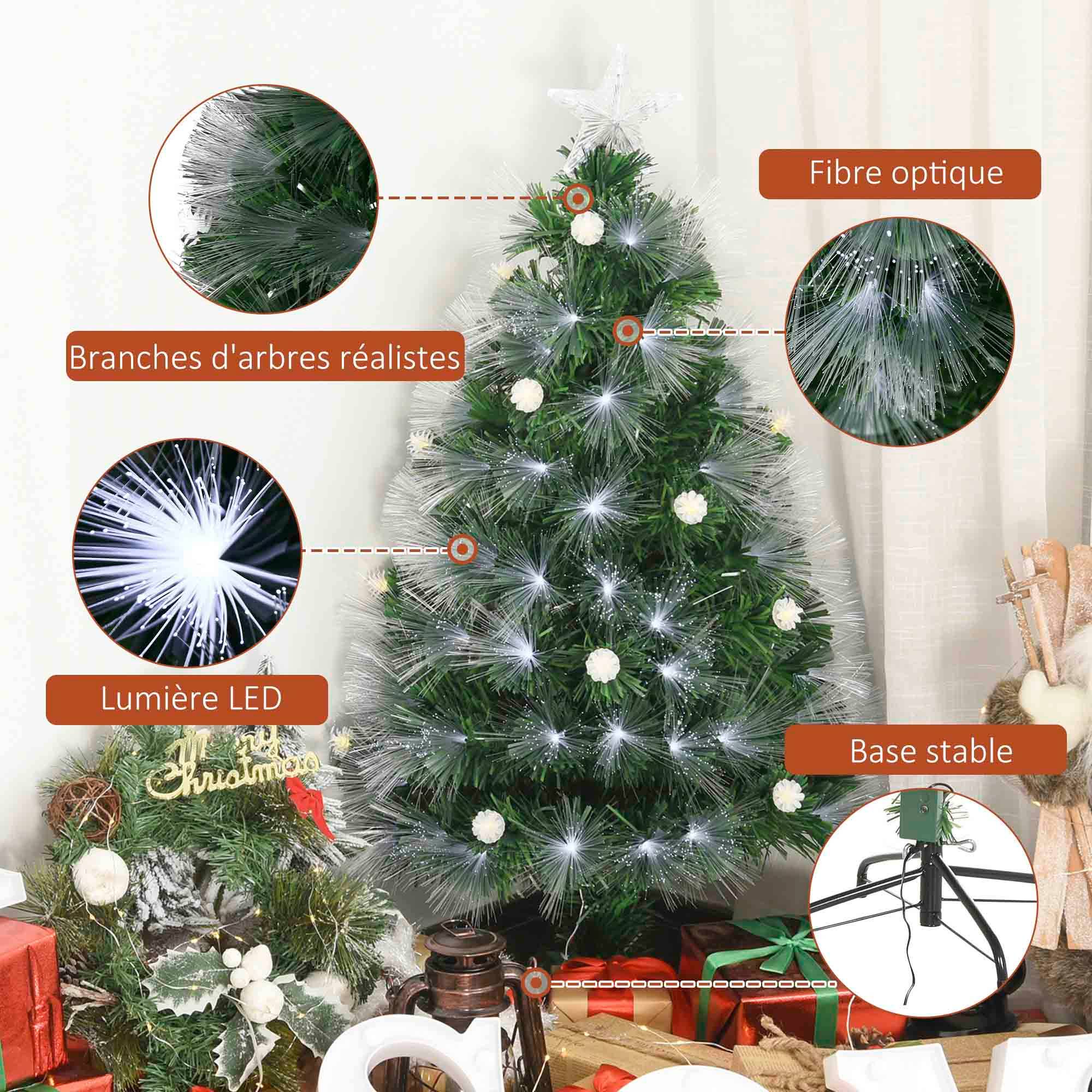 Sapin de Noël Artificiel Lumineux 120H cm Fibre Optique LED + 20 Ampoules + Support Pied 130 Branches étoile Sommet Brillante Vert - Image 7