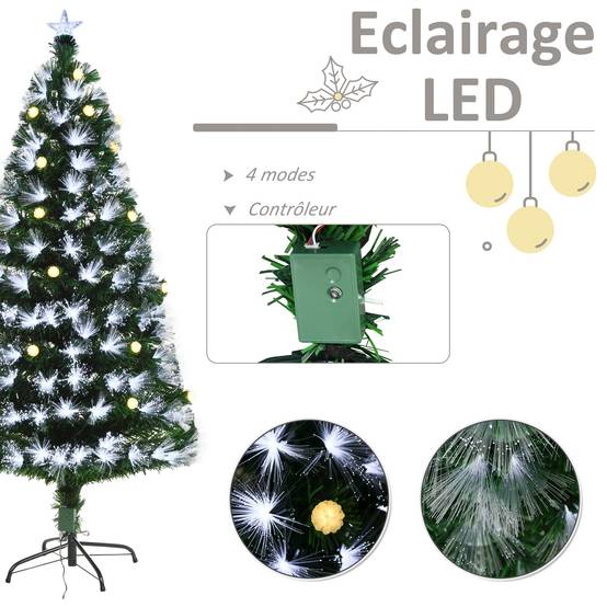 Sapin de Noël Artificiel Lumineux 120H cm Fibre Optique LED + 20 Ampoules + Support Pied 130 Branches étoile Sommet Brillante Vert - Image 8