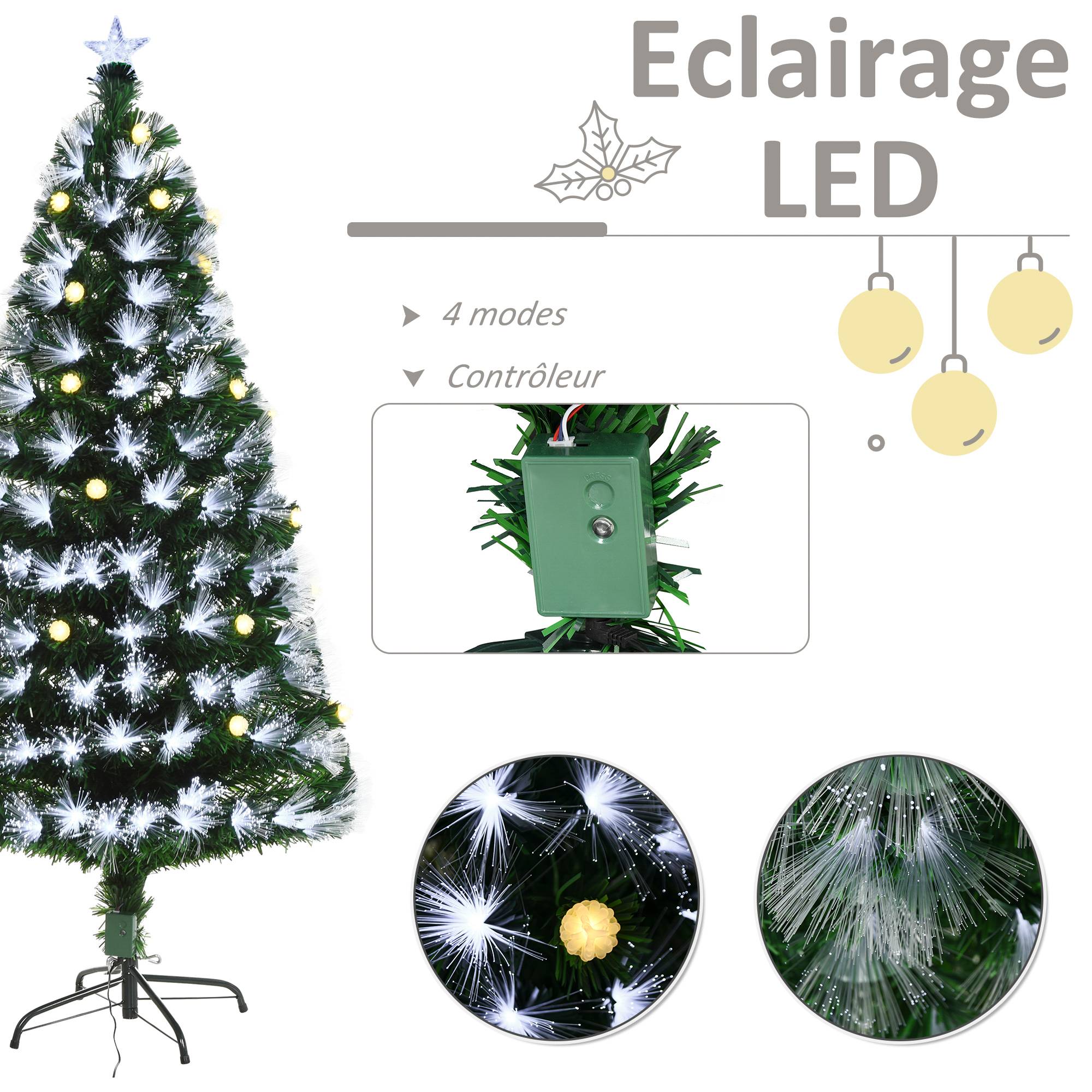 Sapin de Noël Artificiel Lumineux 120H cm Fibre Optique LED + 20 Ampoules + Support Pied 130 Branches étoile Sommet Brillante Vert - Image 8