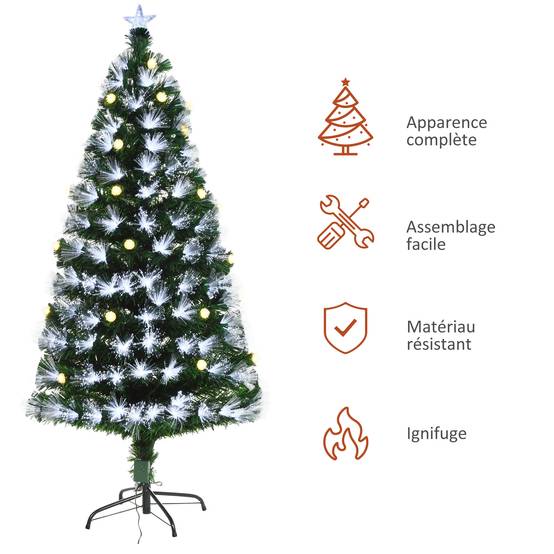 Sapin de Noël Artificiel Lumineux 120H cm Fibre Optique LED + 20 Ampoules + Support Pied 130 Branches étoile Sommet Brillante Vert - Image 9