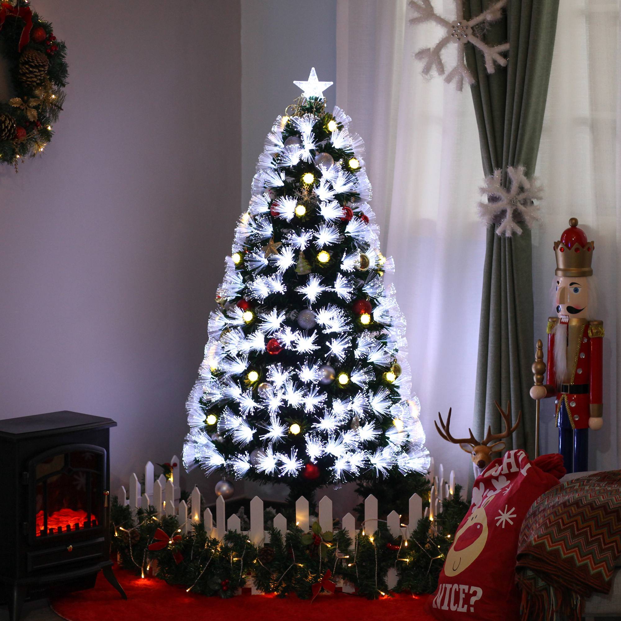 Sapin de Noël Artificiel Lumineux 120H cm Fibre Optique LED + 20 Ampoules + Support Pied 130 Branches étoile Sommet Brillante Vert - Image 3
