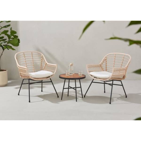 MARKET24 - Salon de jardin SUMATRA : table basse + 2 fauteuils - Résine tressée écrue