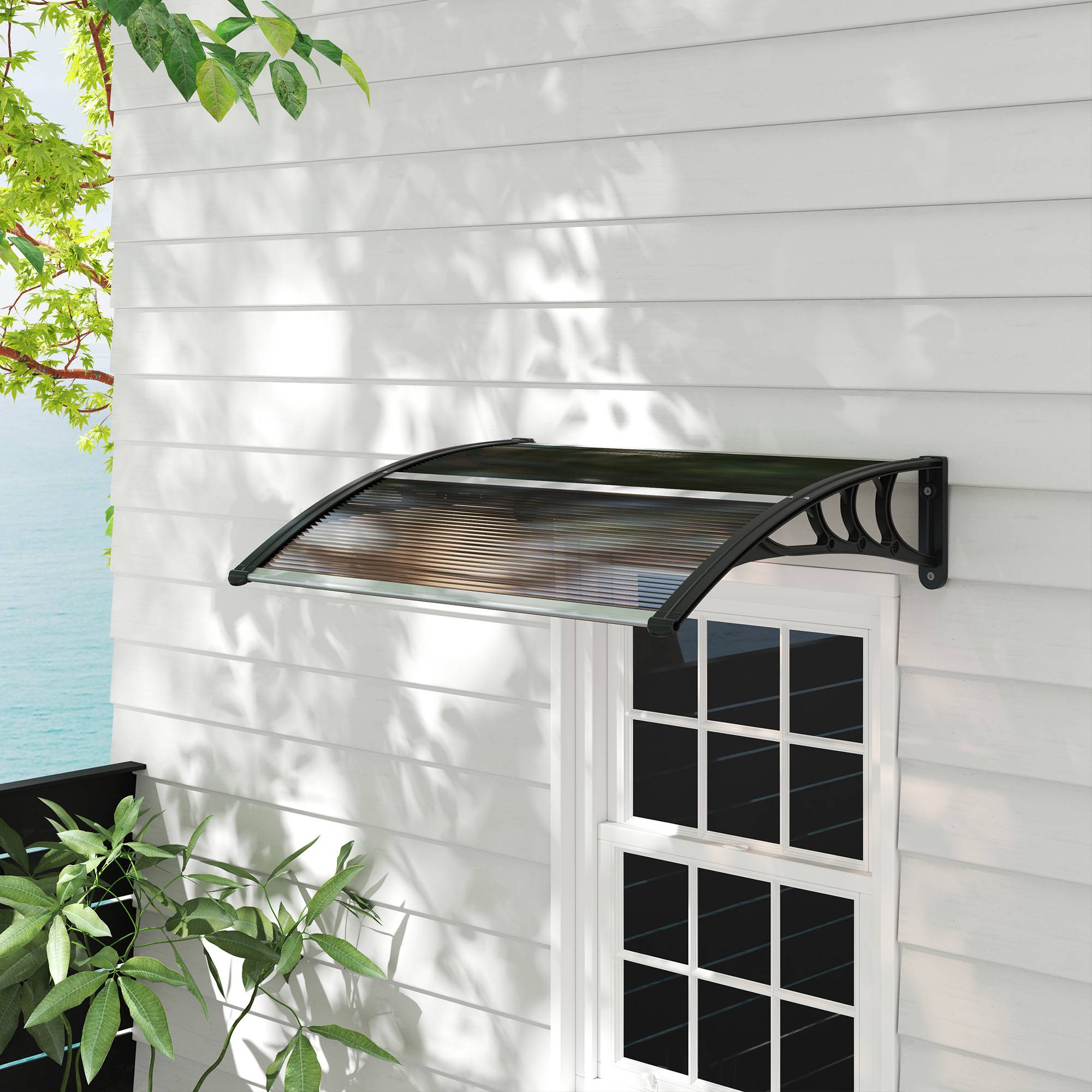 Auvent porte fenêtre polycarbonate aluminium protection pluie 120x75cm marron noir - ComfortXL Outdoor Living - Image 3