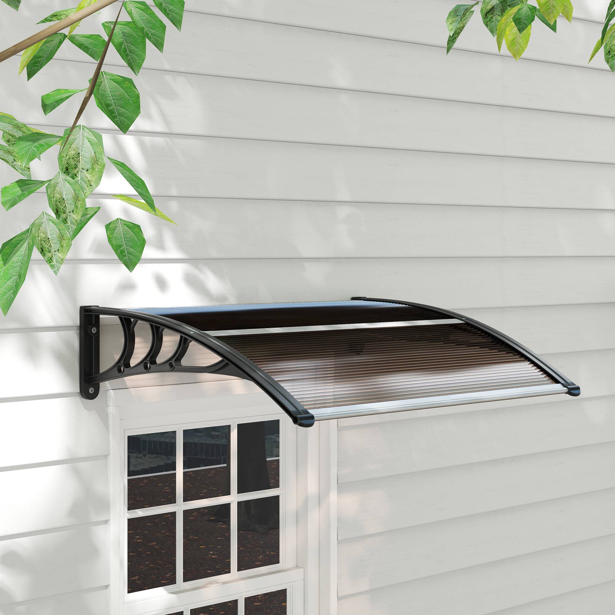 Auvent porte fenêtre polycarbonate aluminium protection pluie 120x75cm marron noir - ComfortXL Outdoor Living - Image 10