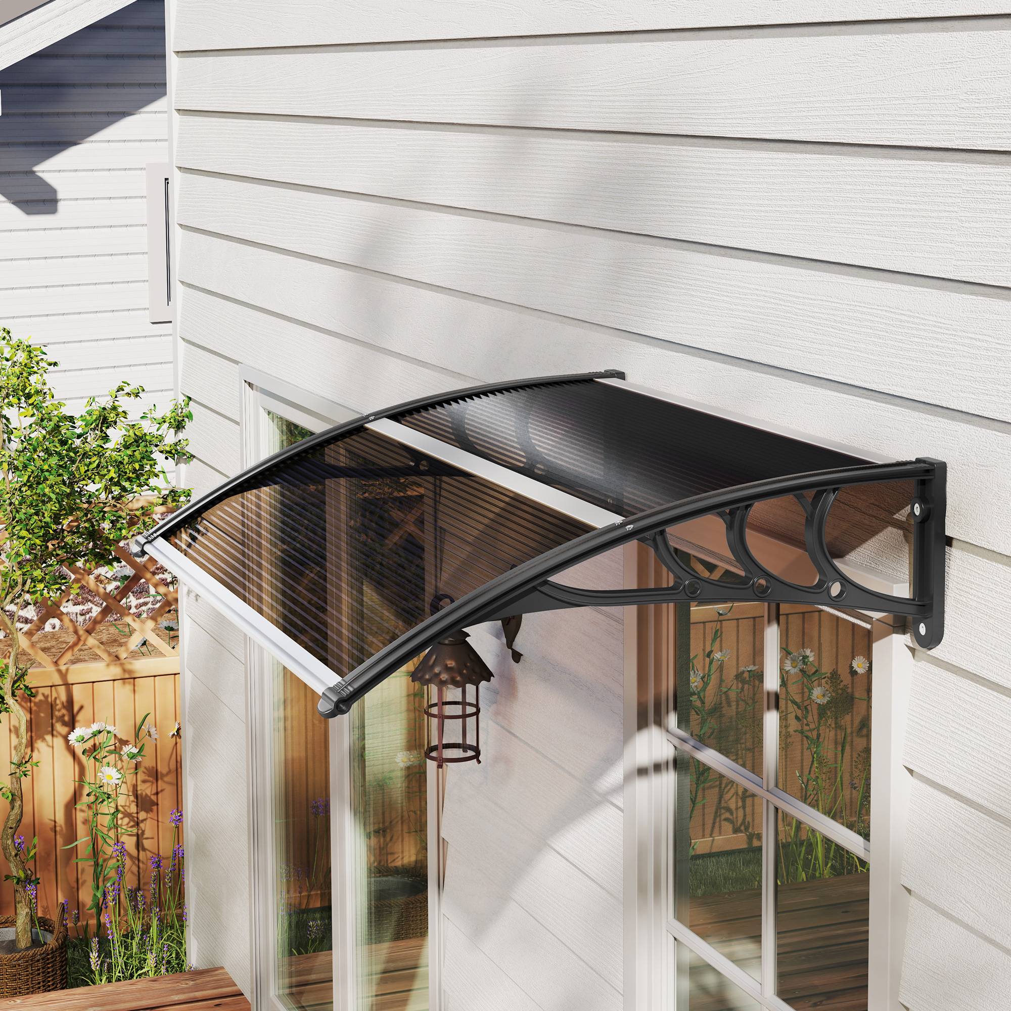 Auvent porte fenêtre polycarbonate aluminium protection pluie 120x75cm marron noir - ComfortXL Outdoor Living - Image 4