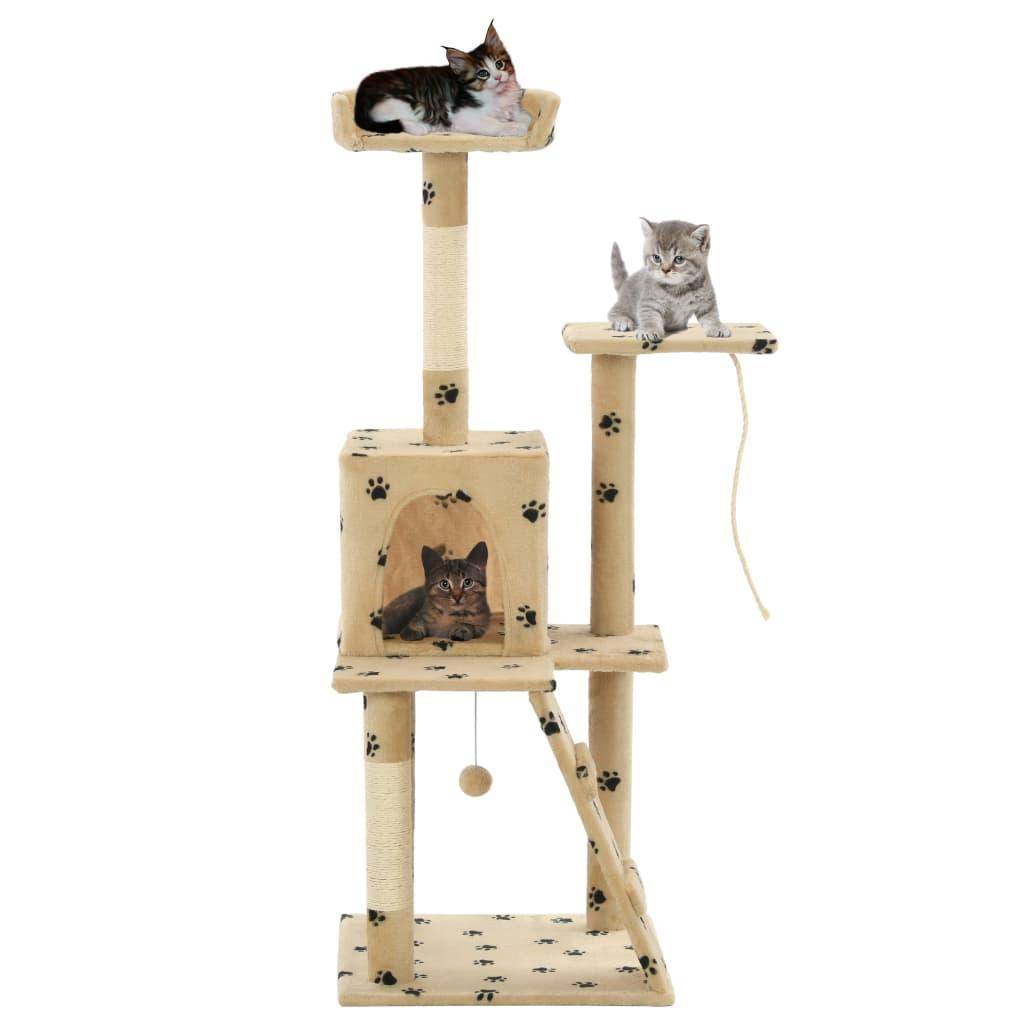Helloshop26 - Arbre à chat griffoir grattoir niche jouet animaux peluché en sisal 120 cm beige motif pattes - Imagen 1
