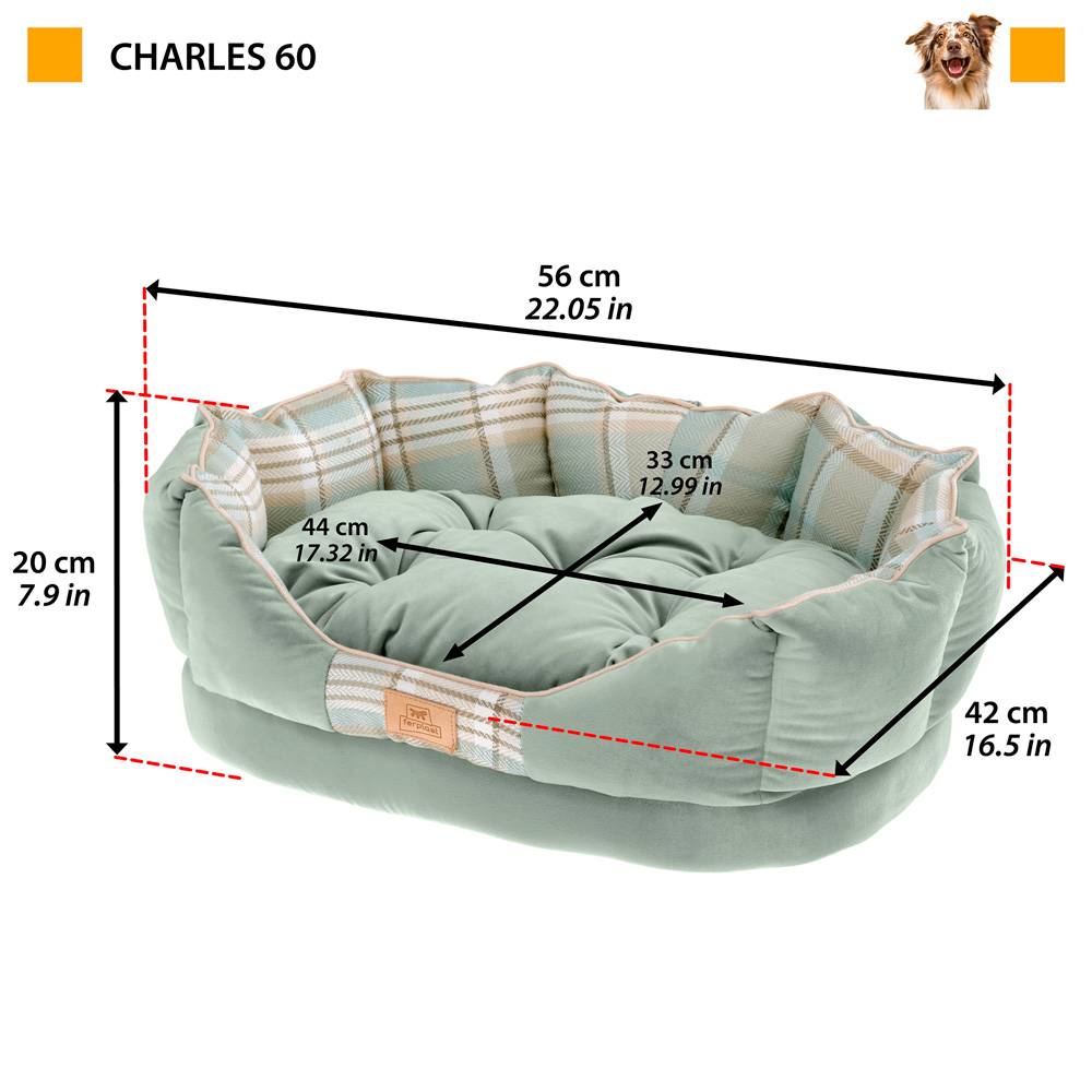 Ferplast - Ferplast couchage rembourré pour chats et chiens CHARLES 60, divan avec coussin, sofa pour animaux, écossais, velours doux, lavable, 56x42x20, marron - Imagen 2