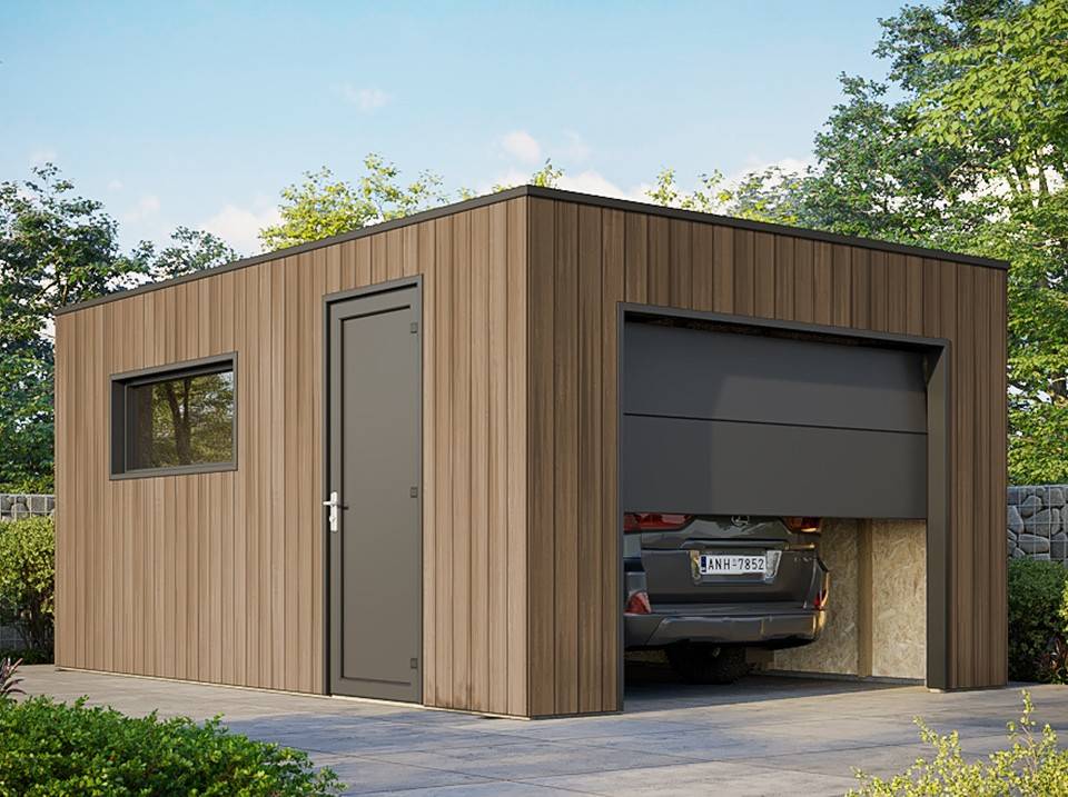 Garage Composite SILVERSTONE - Bardage Couleur Teck / Teak - Surface : 20m2 - Porte Sectionnelle Motorisée - 2 télécommandes - Imagen 1