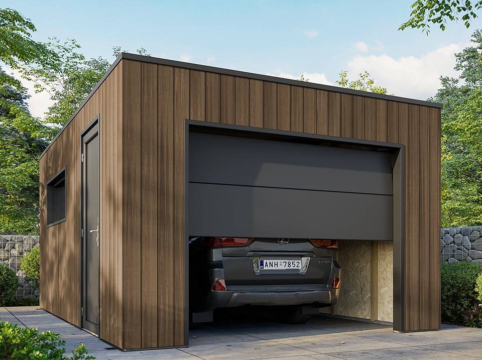 Garage Composite SILVERSTONE - Bardage Couleur Teck / Teak - Surface : 20m2 - Porte Sectionnelle Motorisée - 2 télécommandes - Imagen 2