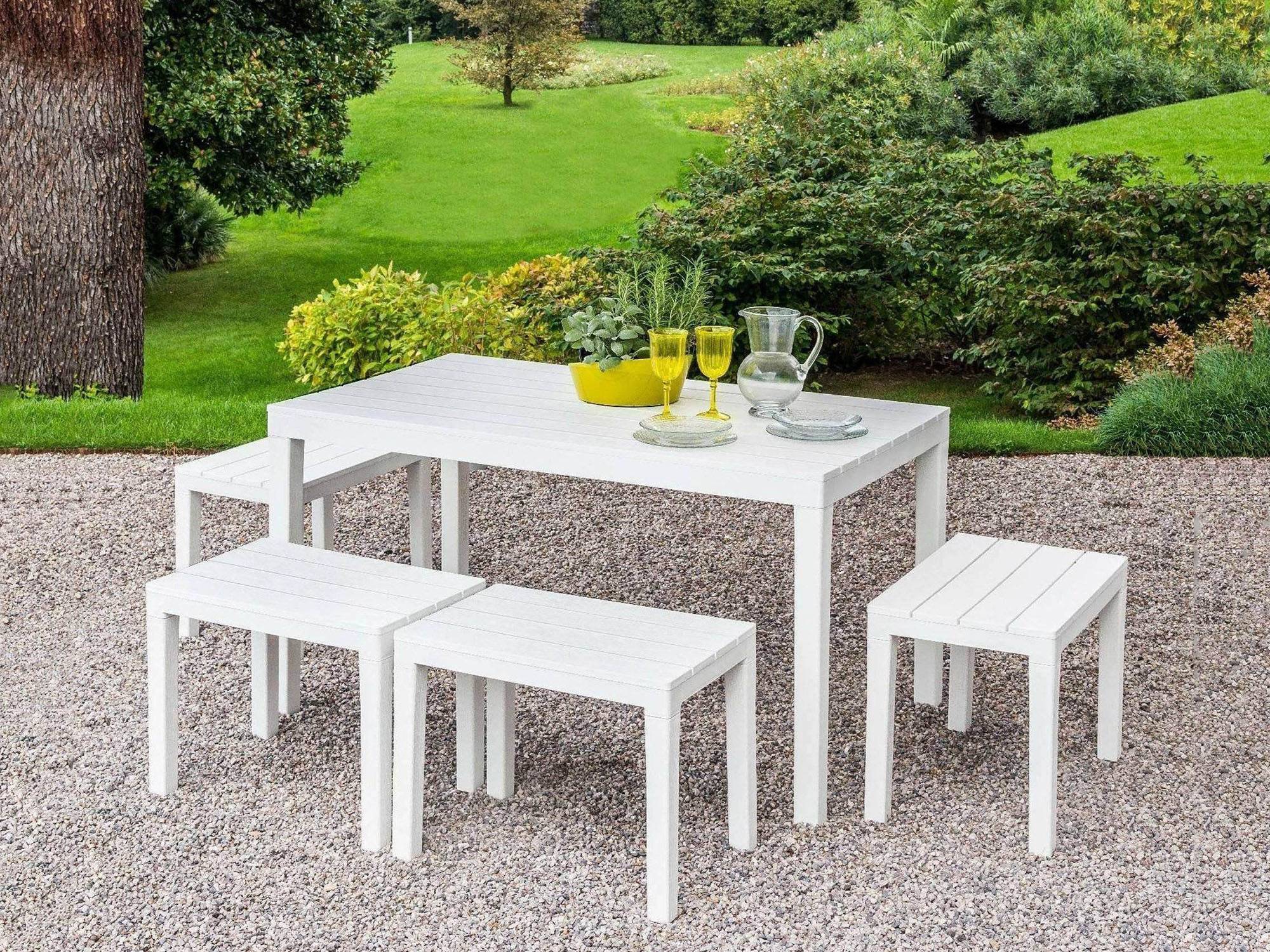 Dmora - Salon d'extérieur Dmascar, Composition de jardin avec 1 table rectangulaire et 4 bancs, Salon intérieur et extérieur de Pic Nic, Blanc - Dmora - Imagen 5