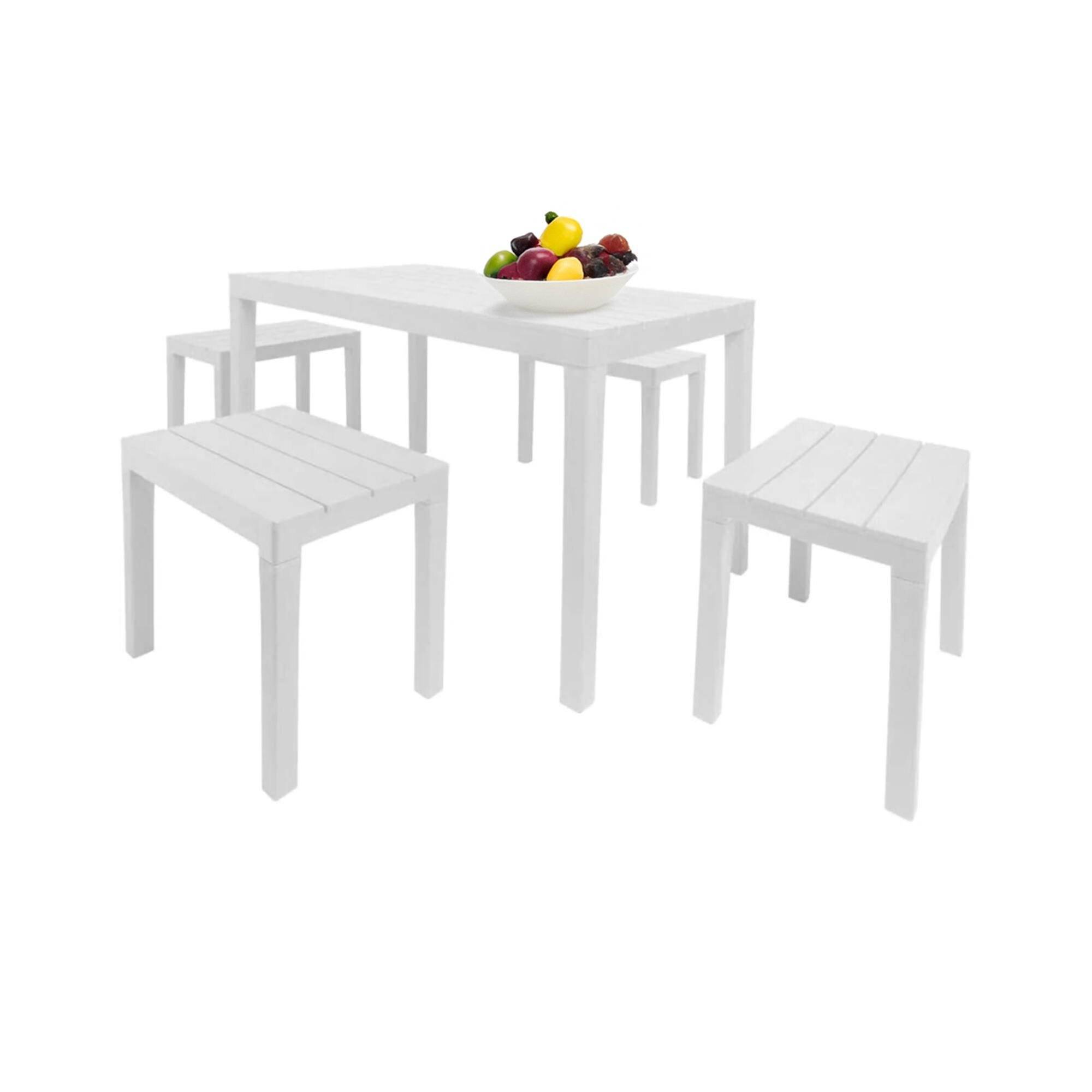 Dmora - Salon d'extérieur Dmascar, Composition de jardin avec 1 table rectangulaire et 4 bancs, Salon intérieur et extérieur de Pic Nic, Blanc - Dmora - Imagen 1