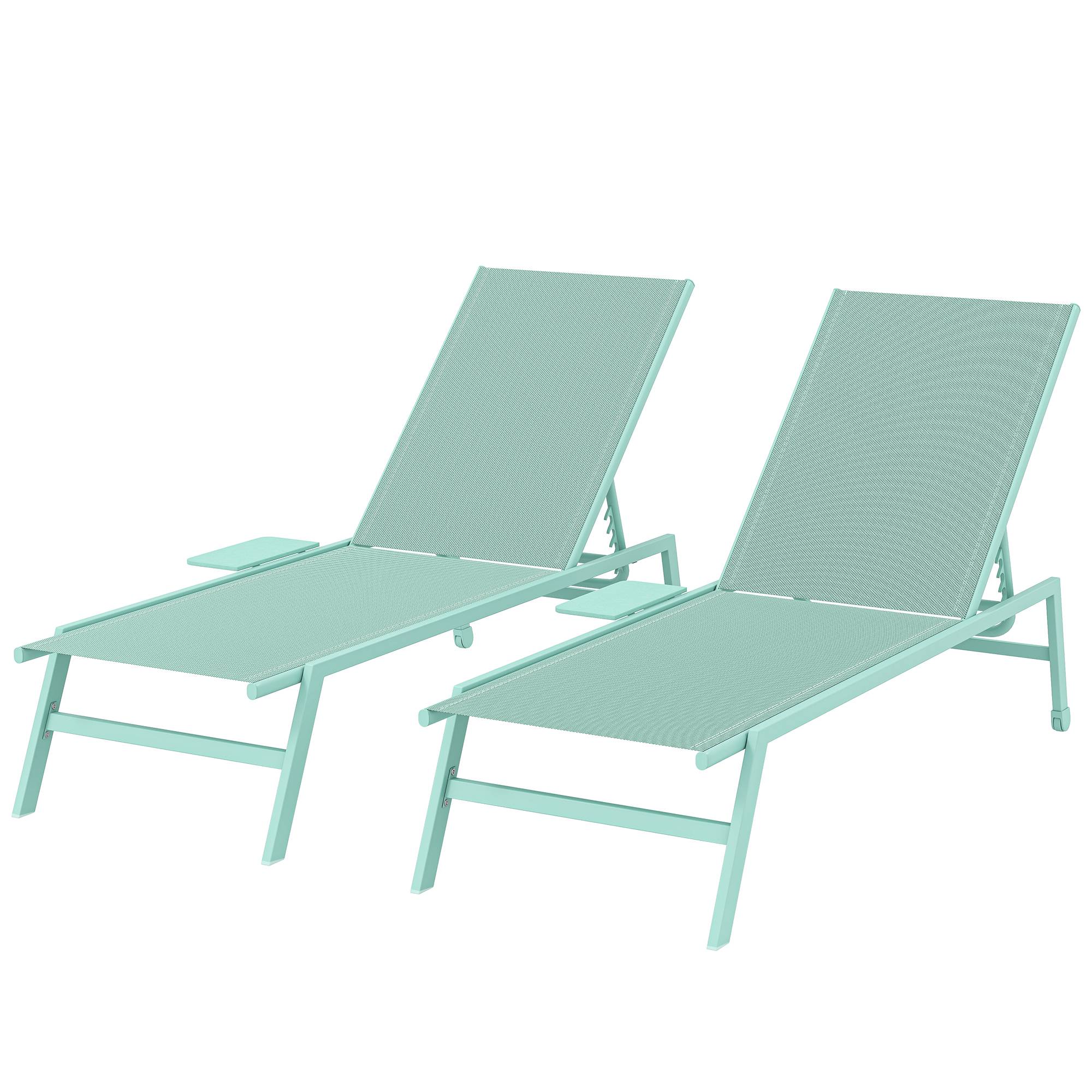 Lot de 2 transats 5 positions avec table latérale et 2 roues, métal et polyester, vert - Image 2