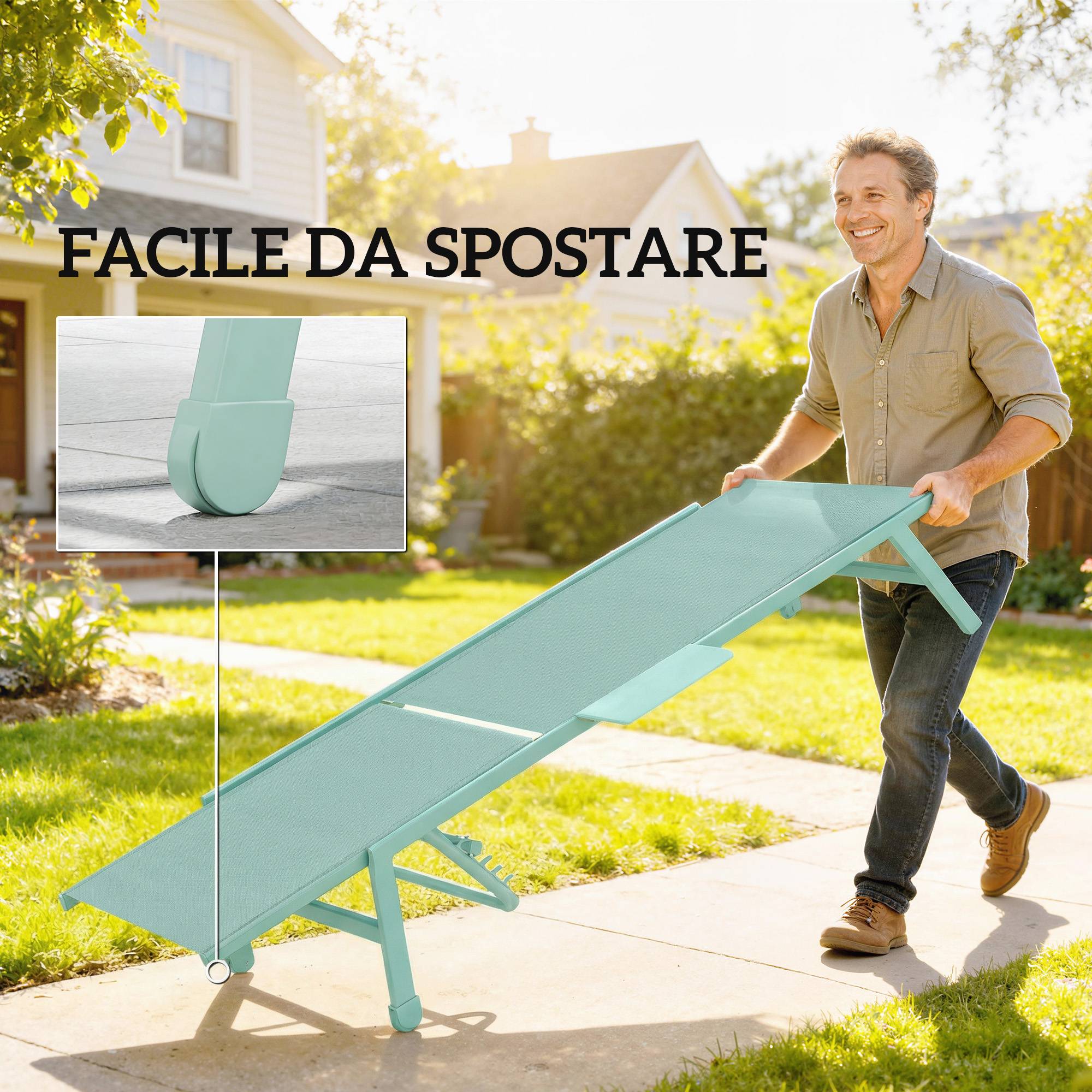 Lot de 2 transats 5 positions avec table latérale et 2 roues, métal et polyester, vert - Image 9