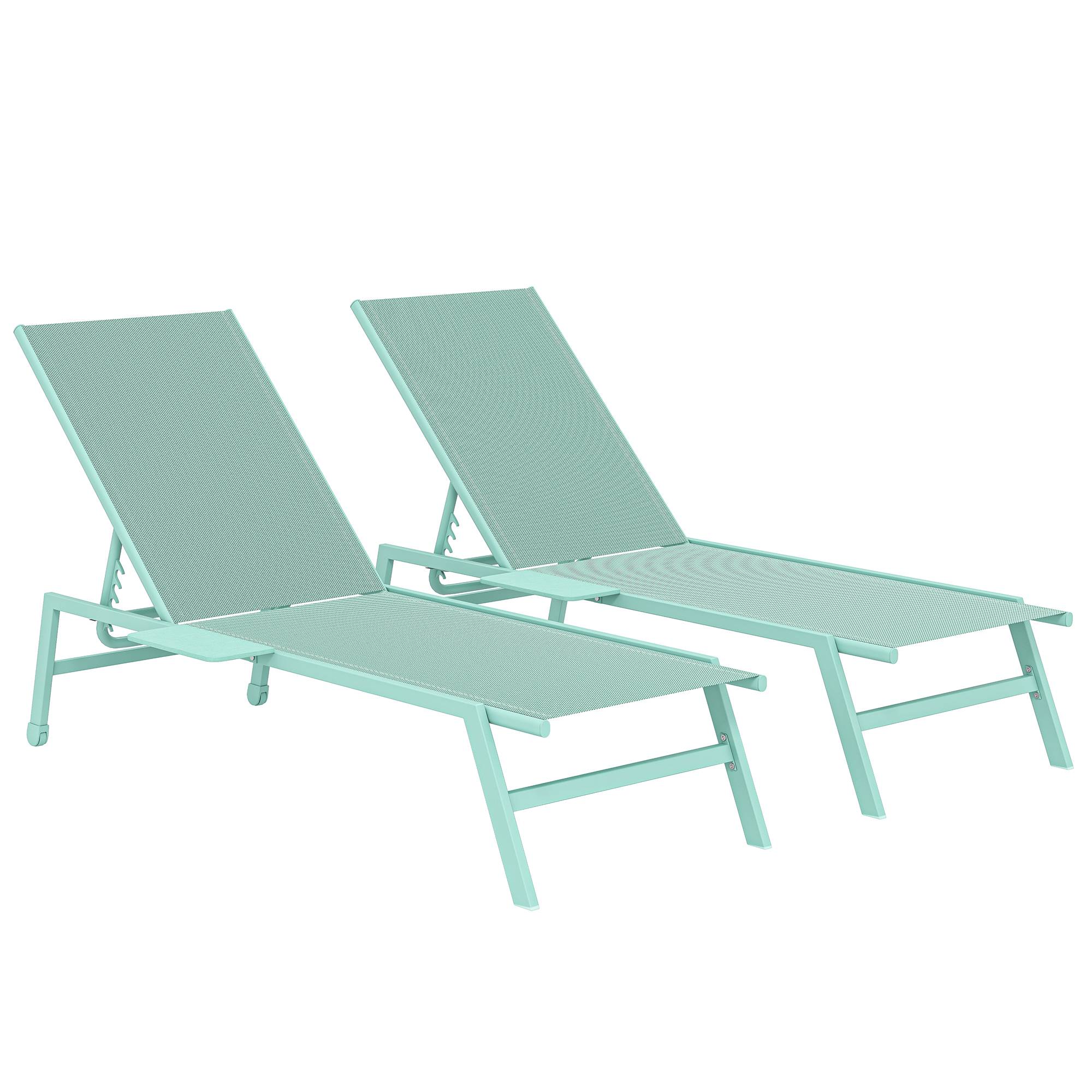 Lot de 2 transats 5 positions avec table latérale et 2 roues, métal et polyester, vert - Image 1