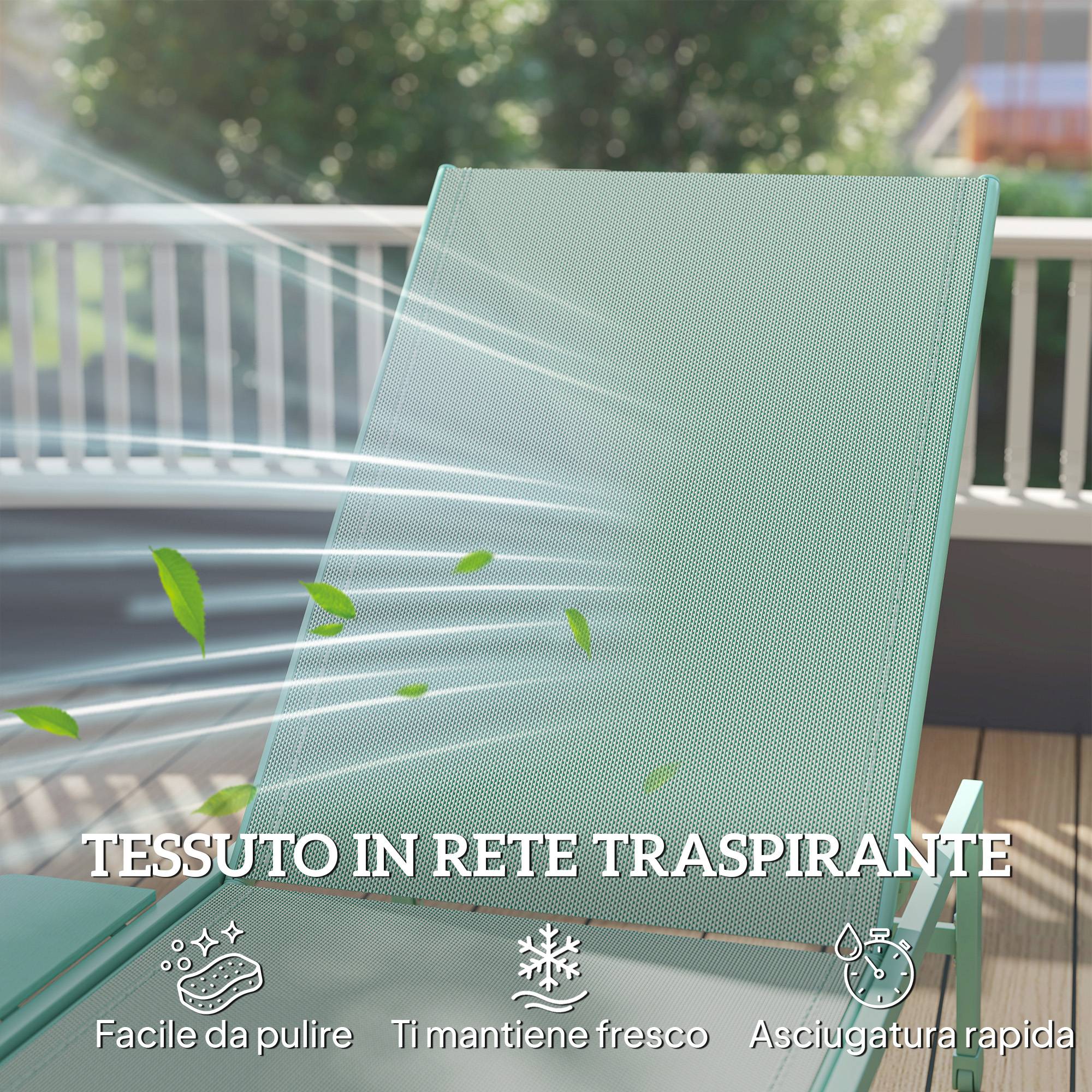 Lot de 2 transats 5 positions avec table latérale et 2 roues, métal et polyester, vert - Image 8