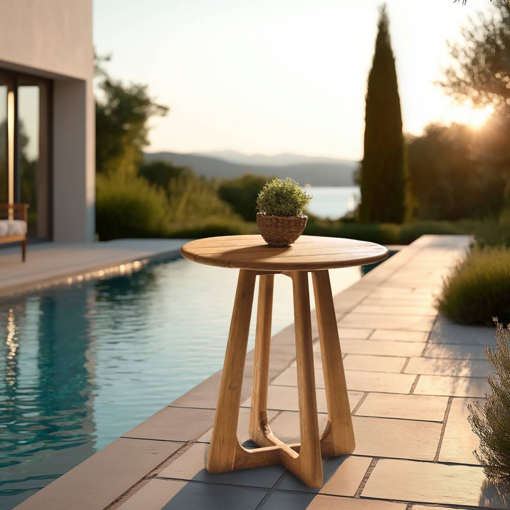 Macabane - COLINE - Table à manger de jardin ronde en bois de teck recyclé D70cm (2 COLIS) - Image 2