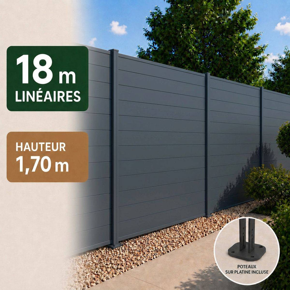 Direct Abris - Kit clôture RECIFE Aluminium anthracite 18,07m poteau 60x70mm gris sur platines 1,7m - Image 1