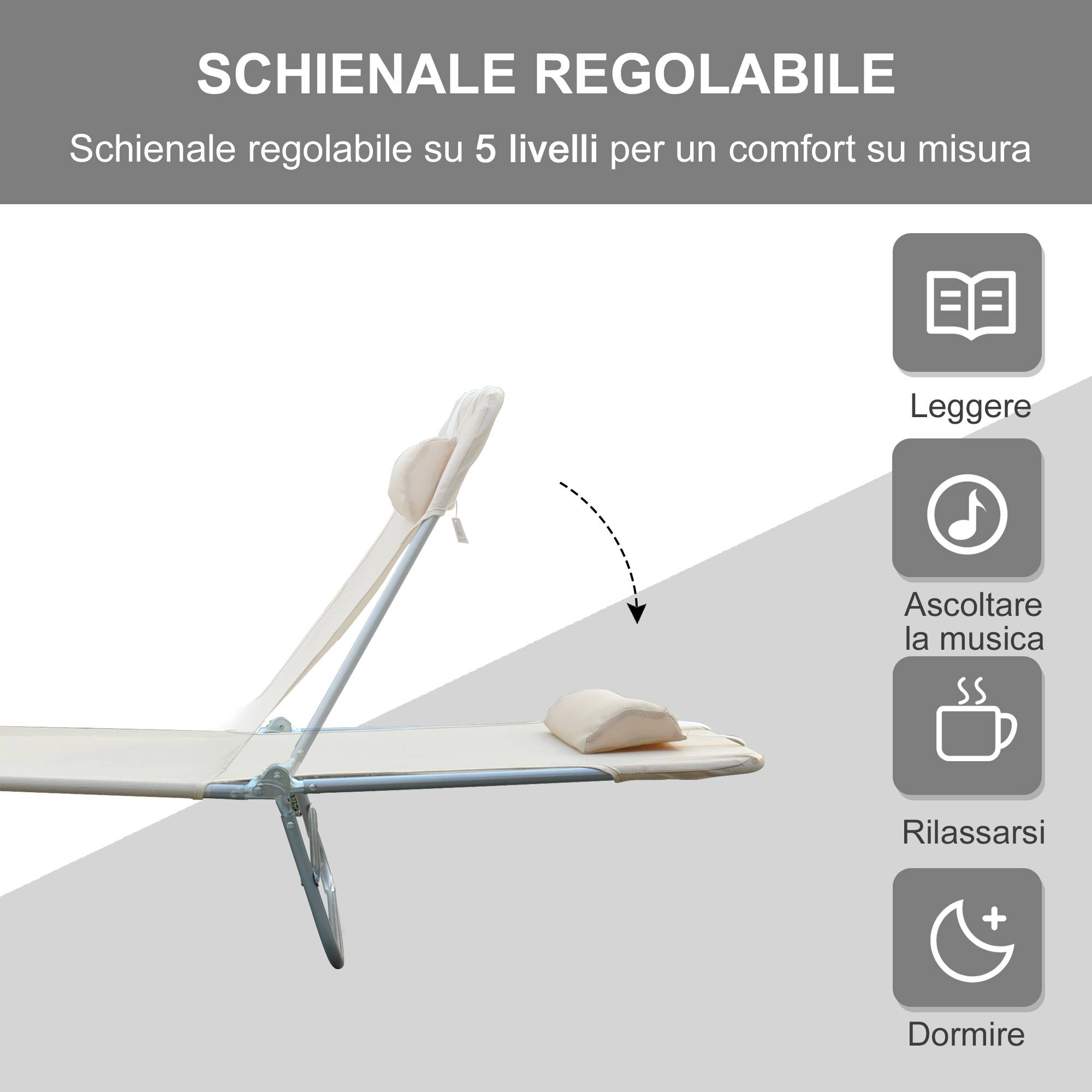 Lit de bronzage pliable, dossier inclinable et coussin, 182x56x24,5cm - Image 6