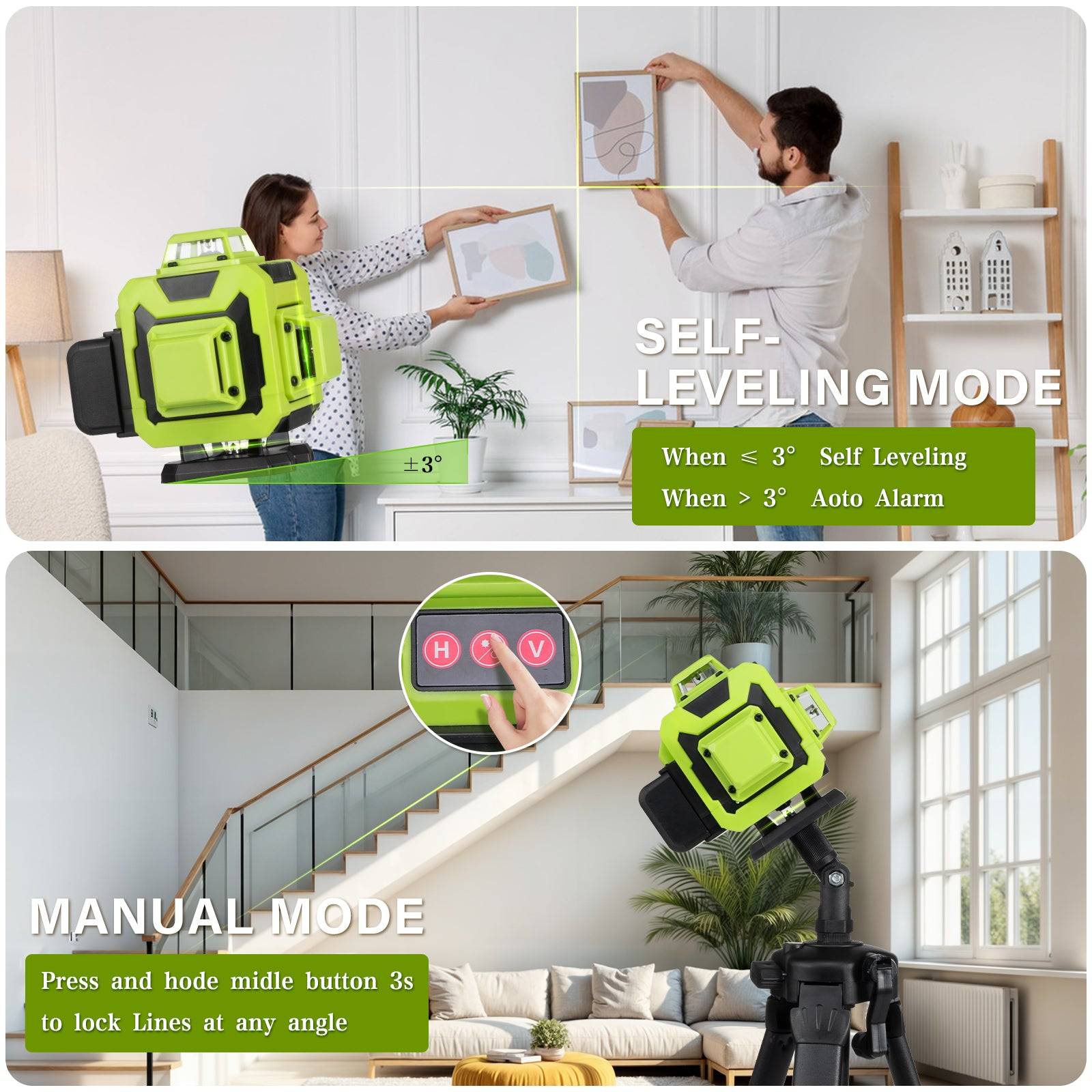 Niveau laser 4 x 360°, vert Lignes laser vertes horizontales et verticales 4D à 16 lignes, télécommande intégrée, 2 piles 2400 mAh - Image 5