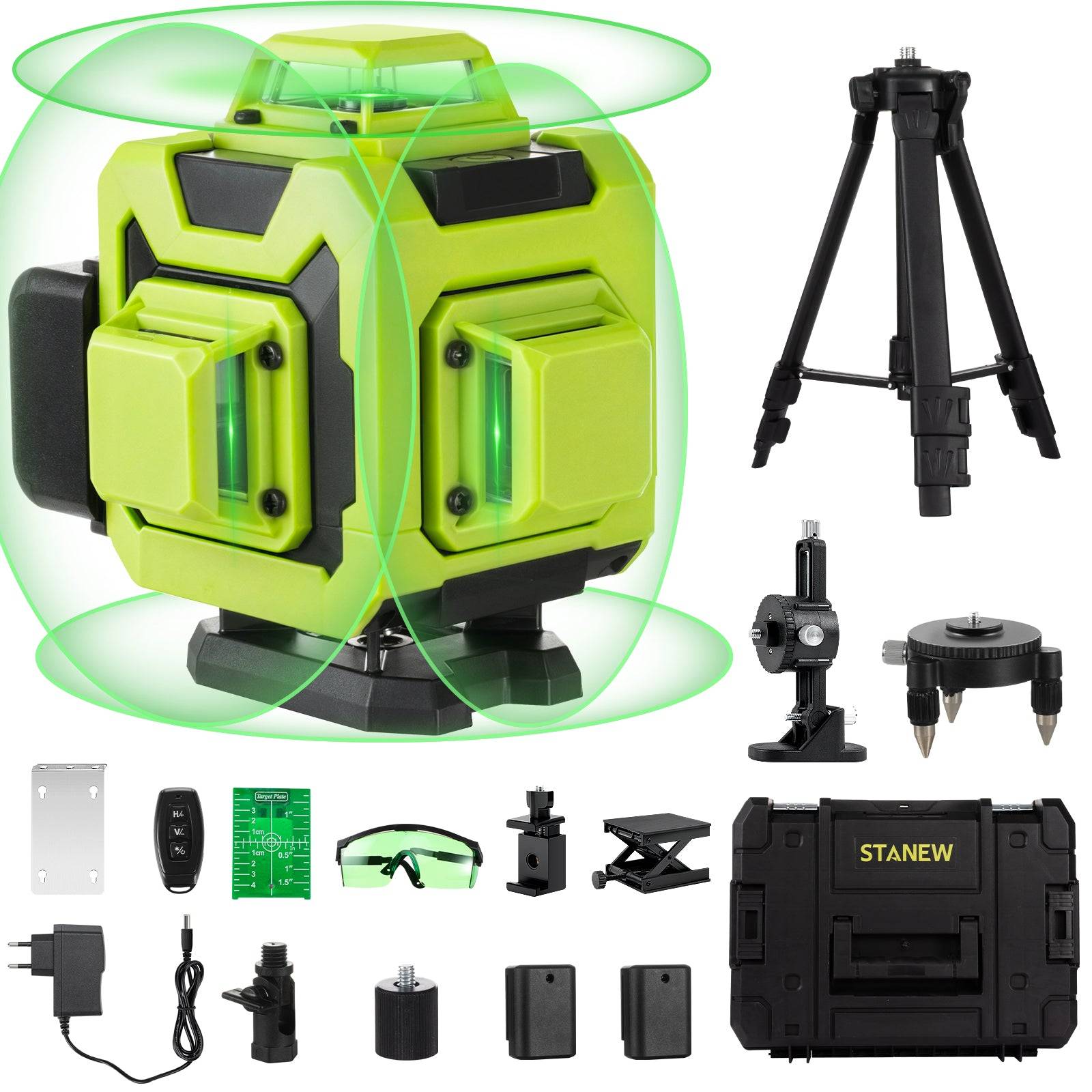 Niveau laser 4 x 360°, vert Lignes laser vertes horizontales et verticales 4D à 16 lignes, télécommande intégrée, 2 piles 2400 mAh - Image 1