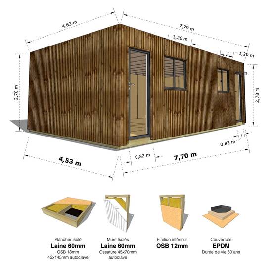Sans Marque - STUDIO DE JARDIN / 35,8 m2 - 7,75 x 4,62m / Plancher isolé / Bardage Brun / Intérieur OSB / Livraison Gratuite / Studio Français - Image 1
