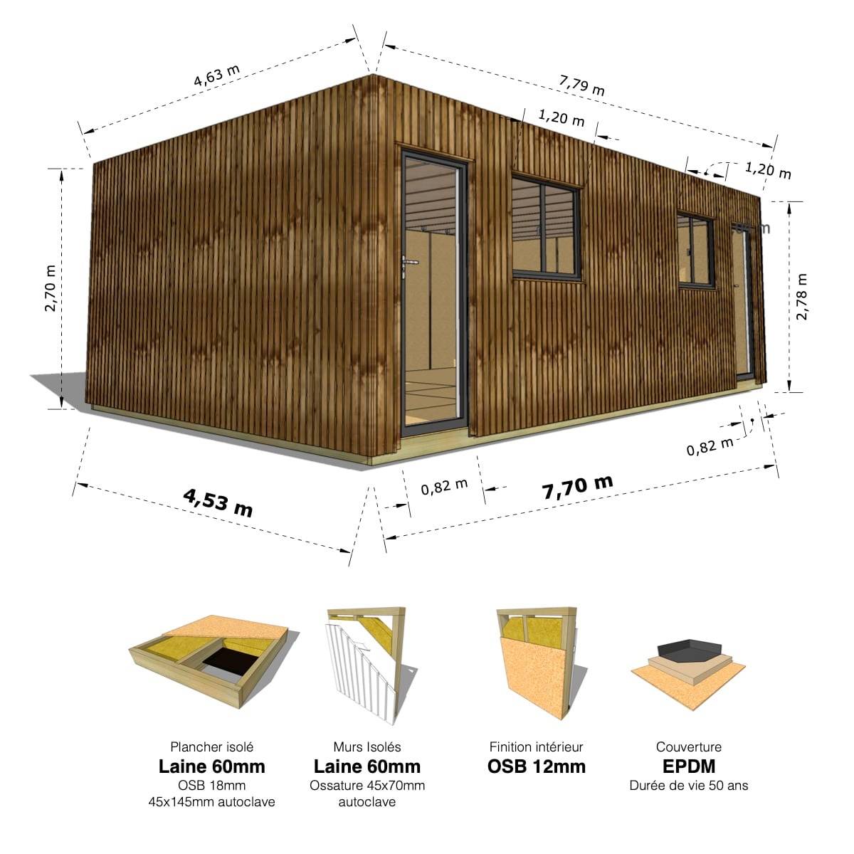 Sans Marque - STUDIO DE JARDIN / 35,8 m2 - 7,75 x 4,62m / Plancher isolé / Bardage Brun / Intérieur OSB / Livraison Gratuite / Studio Français - Imagen 1