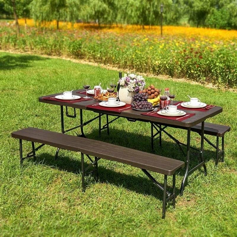 Terre Jardin - Lot table pliante 8 personnes effet bois + 2 bancs 4 pers - Image 6