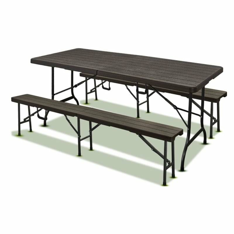Terre Jardin - Lot table pliante 8 personnes effet bois + 2 bancs 4 pers - Image 1