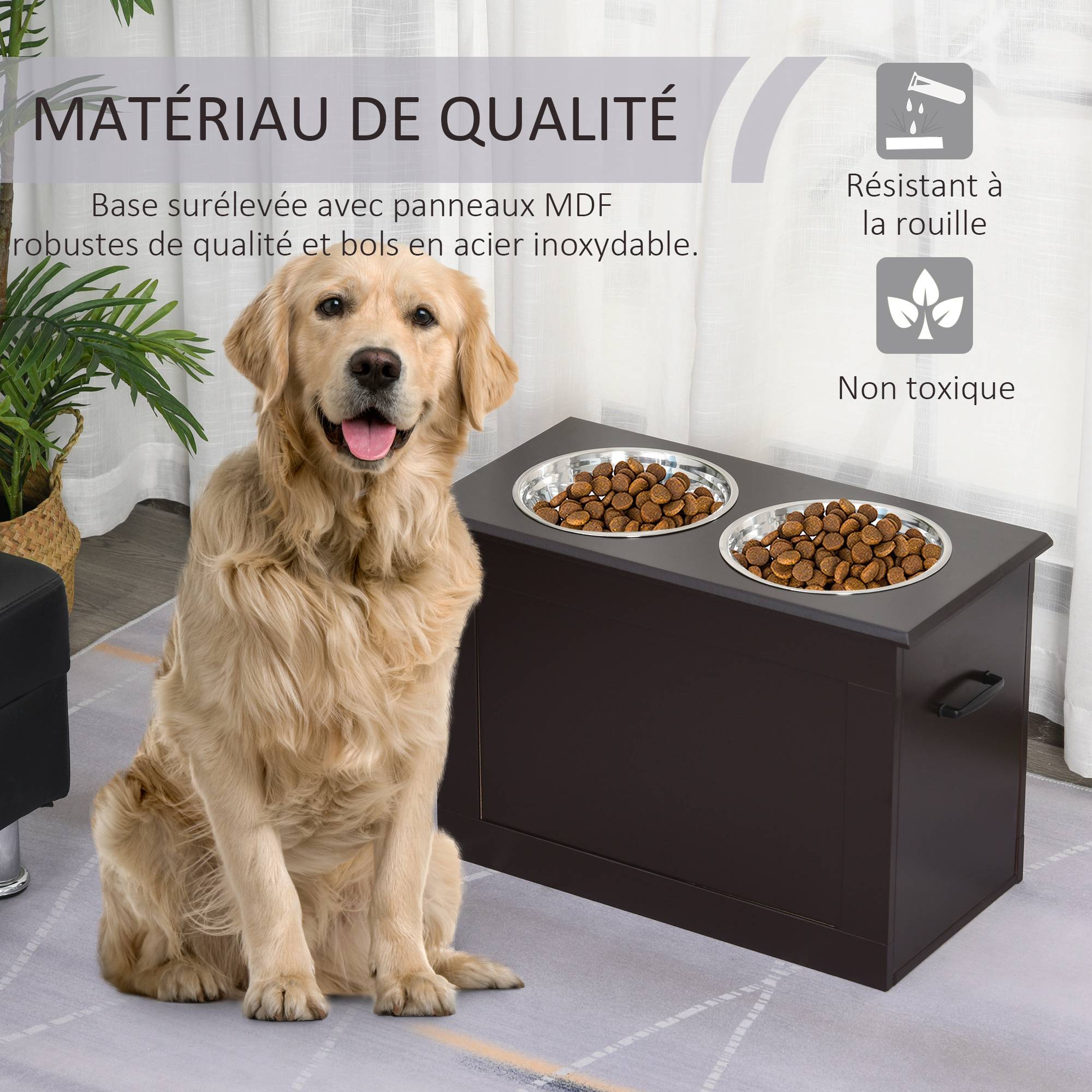 ComfortXL - Porte-gamelles surélevé chien chat coffre rangement bols inox 2L 60x30x41cm marron - ComfortXL Outdoor Living - Image 6