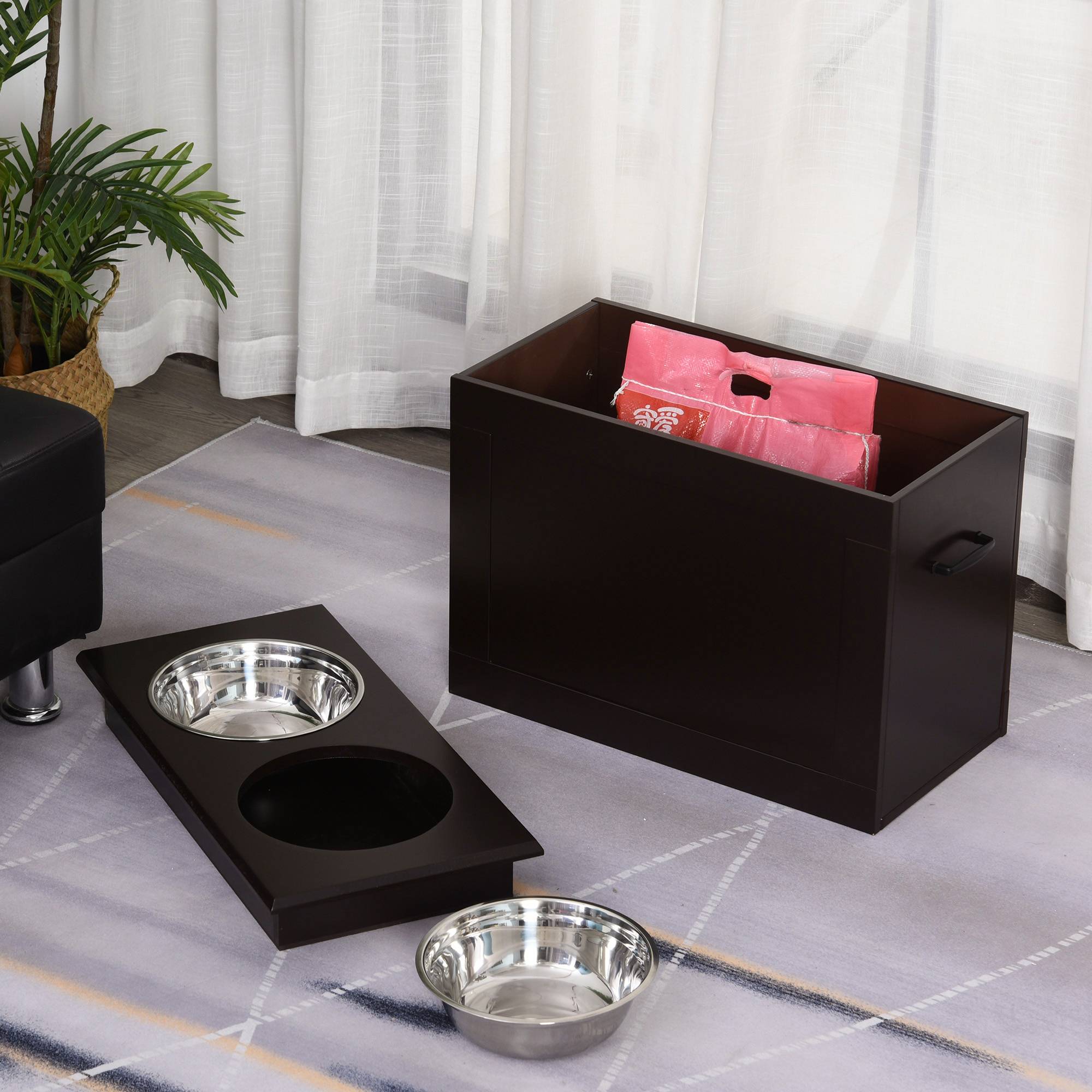 ComfortXL - Porte-gamelles surélevé chien chat coffre rangement bols inox 2L 60x30x41cm marron - ComfortXL Outdoor Living - Image 4