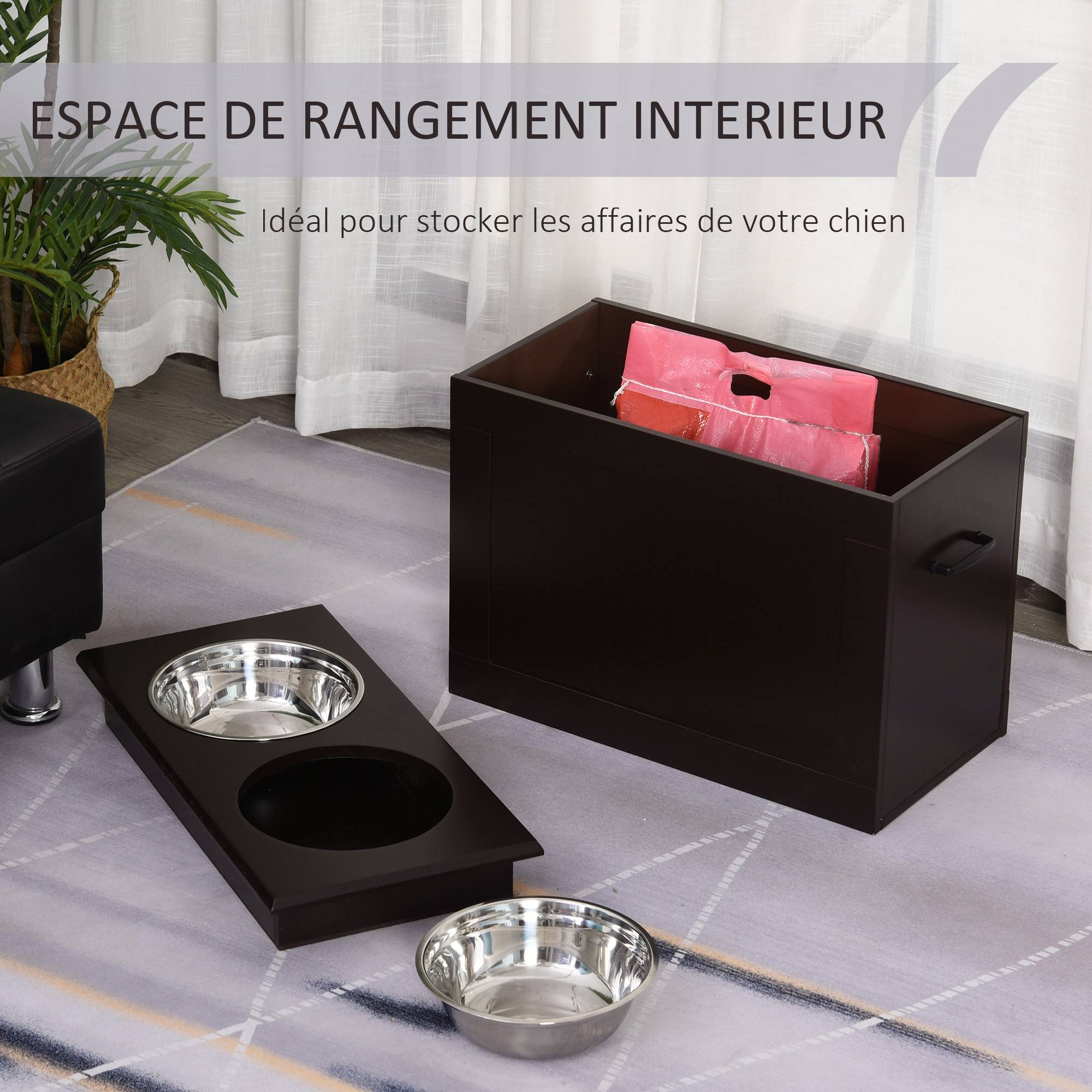 ComfortXL - Porte-gamelles surélevé chien chat coffre rangement bols inox 2L 60x30x41cm marron - ComfortXL Outdoor Living - Image 7