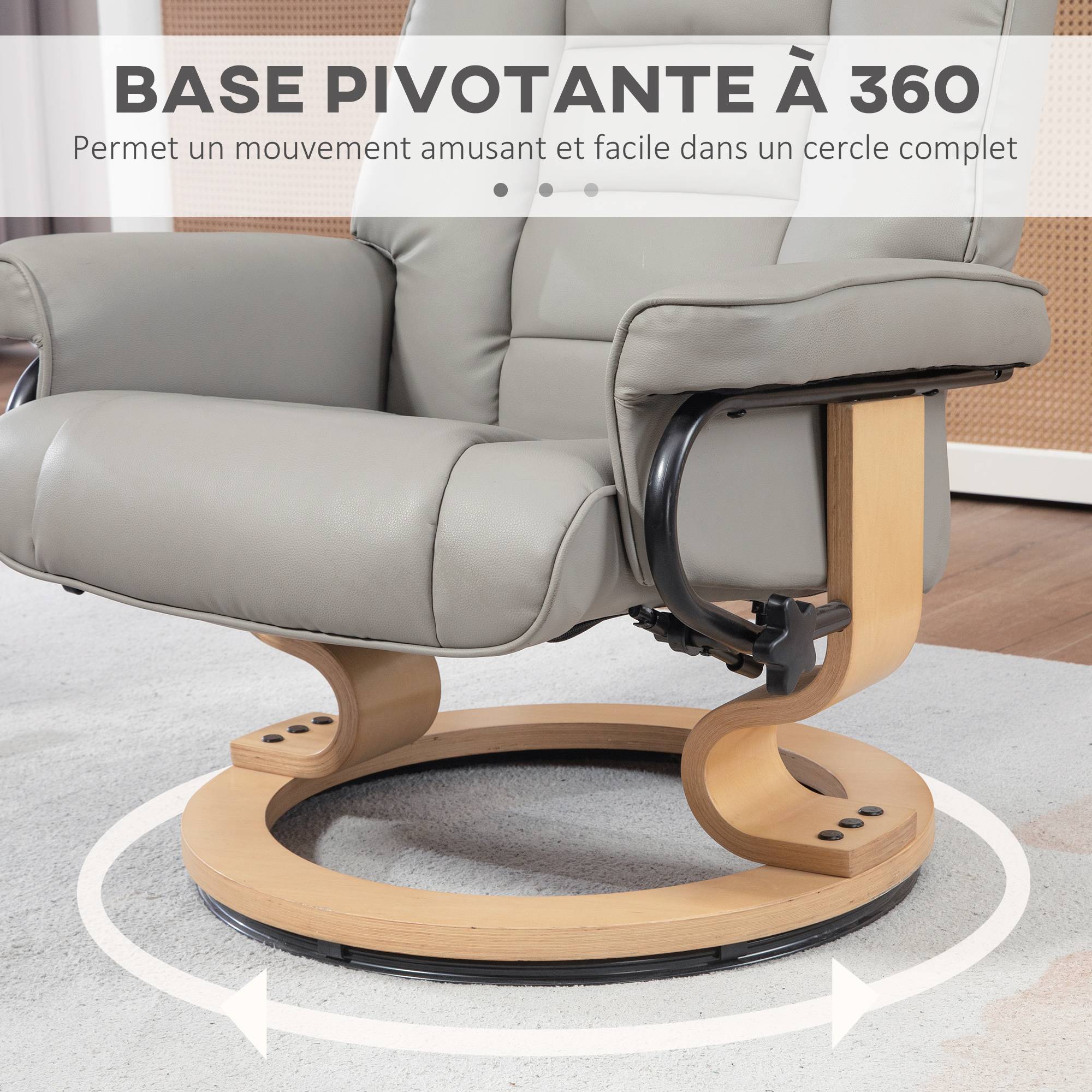 Sans Marque - Fauteuil de relaxation inclinable avec repose-pied, pivotant, cadre en bois , revêtement synthétique gris - Image 7