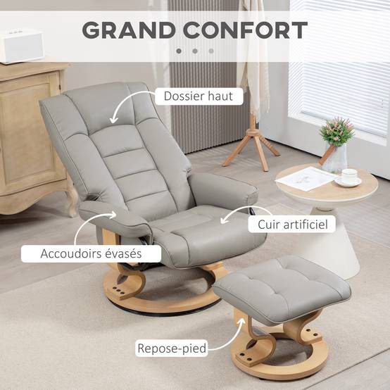 Sans Marque - Fauteuil de relaxation inclinable avec repose-pied, pivotant, cadre en bois , revêtement synthétique gris - Image 9