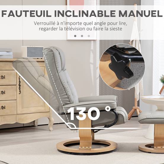 Sans Marque - Fauteuil de relaxation inclinable avec repose-pied, pivotant, cadre en bois , revêtement synthétique gris - Image 6