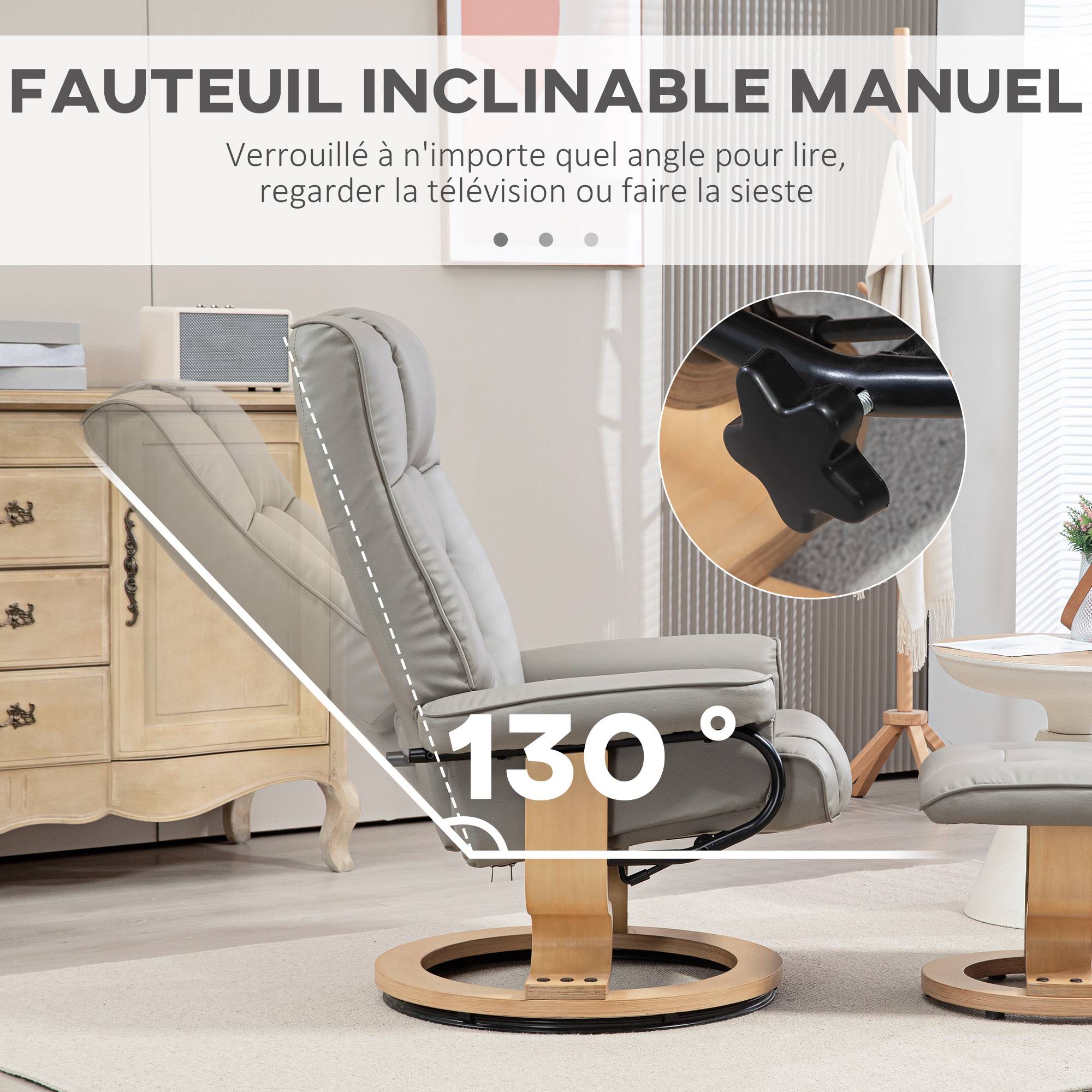Sans Marque - Fauteuil de relaxation inclinable avec repose-pied, pivotant, cadre en bois , revêtement synthétique gris - Image 6