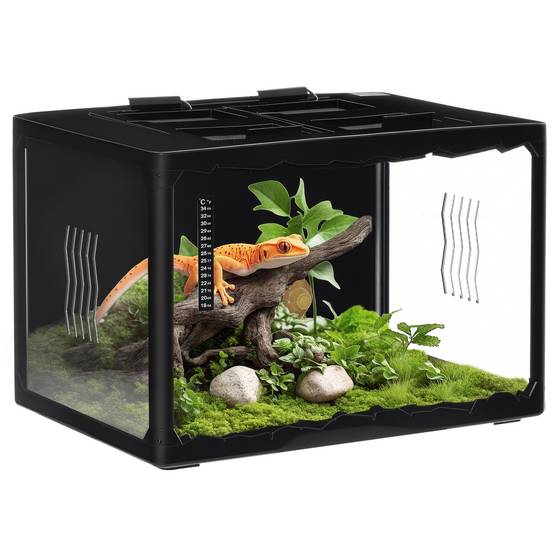 Terrarium pour tortues terrestres et reptiles avec thermomètre 18-34℃, 60x40x40,5 cm, noir - Image 1