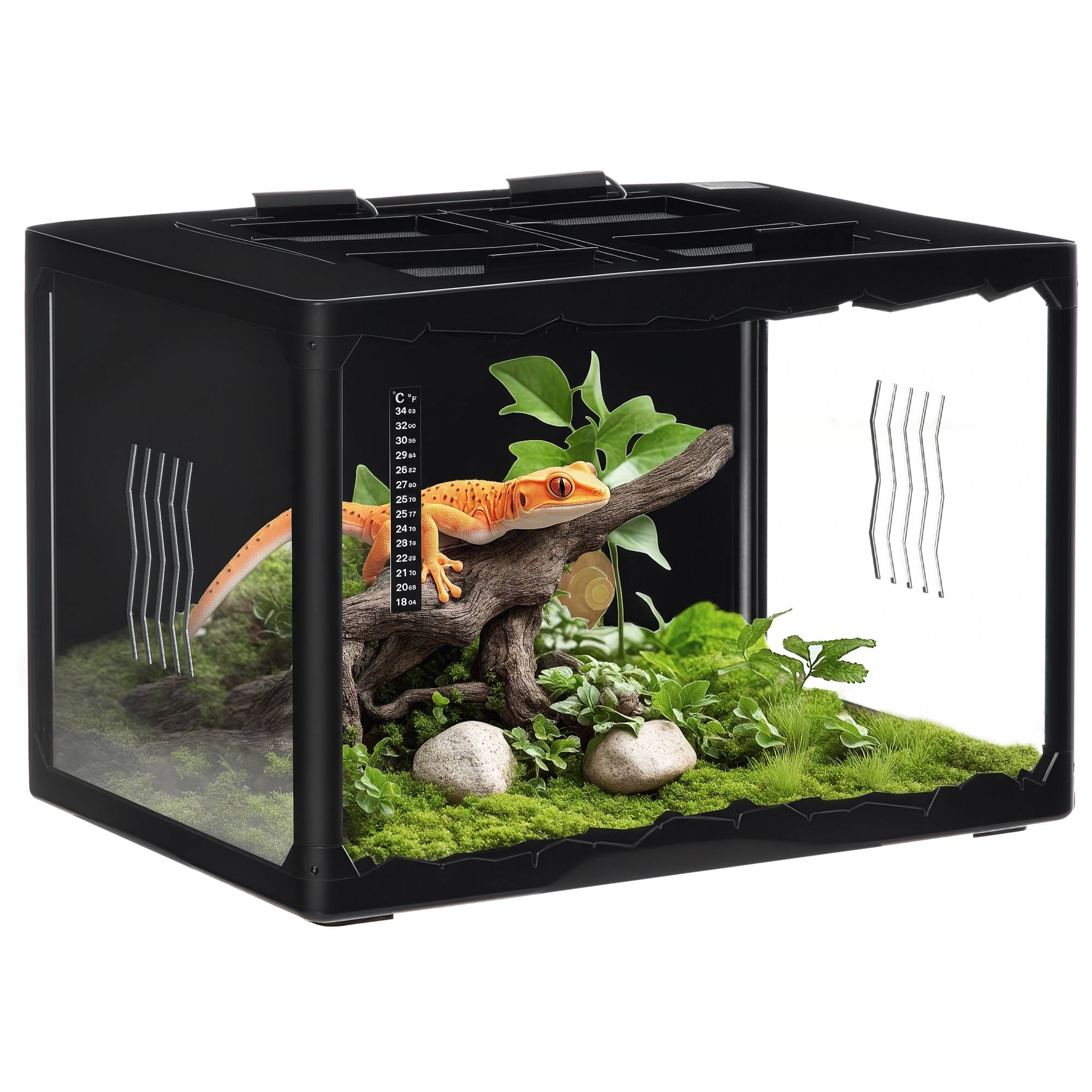 Terrarium pour tortues terrestres et reptiles avec thermomètre 18-34℃, 60x40x40,5 cm, noir - Image 1
