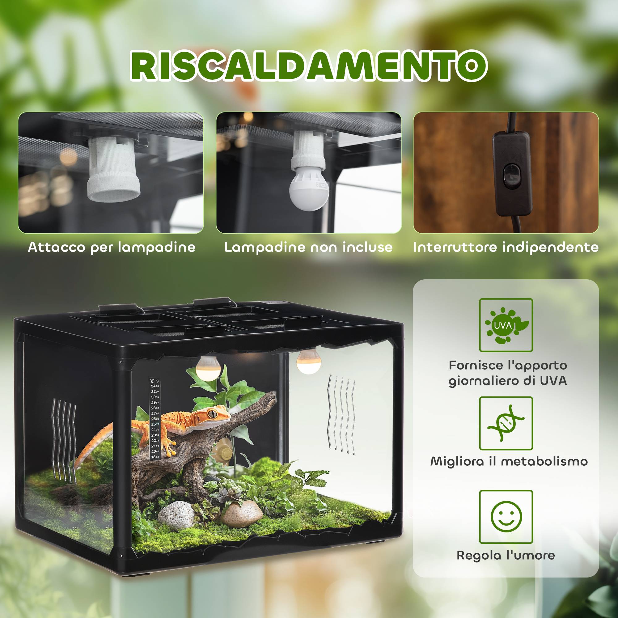 Terrarium pour tortues terrestres et reptiles avec thermomètre 18-34℃, 60x40x40,5 cm, noir - Image 8